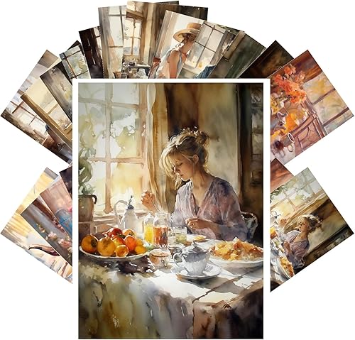 PIXILUV Postales vintage (24 piezas de 4 x 6 pulgadas cada una) pinturas de acuarela de mujeres hermosas en el desayuno, postales vintage, tarjetas