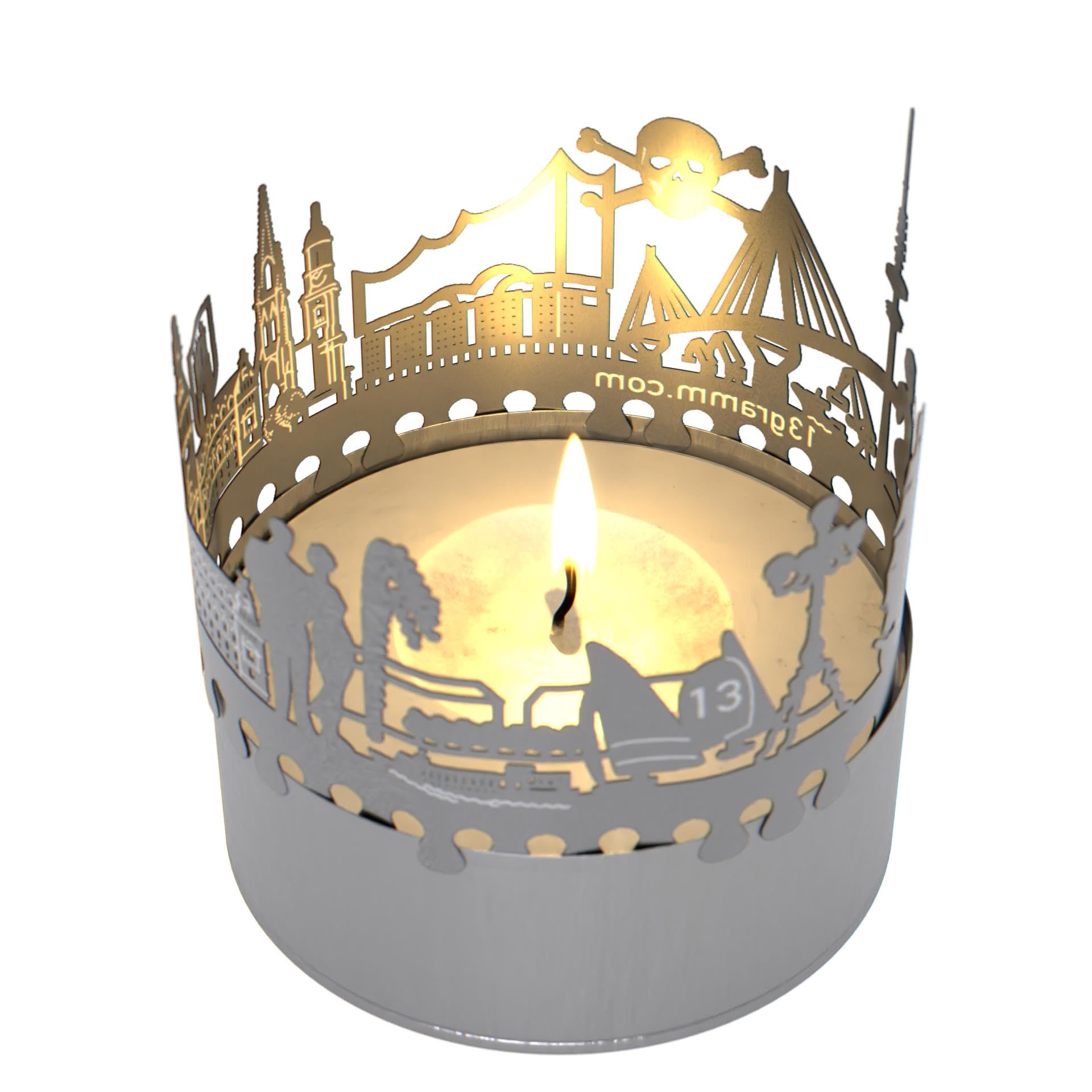 13gramm Hamburg skyline candle votive gift souvenir, 3D stainless steel silhouette for a tea light inclusive greeting card