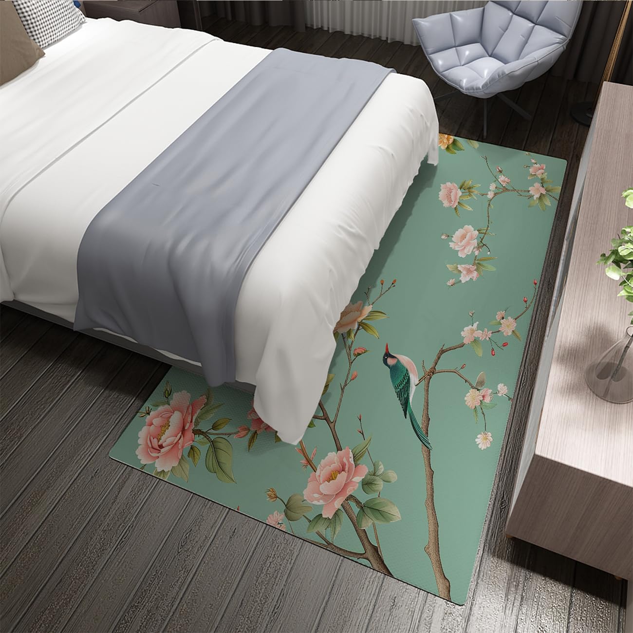 Chinoiserie ptak dywan do jadalni 120 x 150 cm vintage zielony szałwia piwonia wzór kwiatowy dywan łatwy do czyszczenia z dywanem cienka sypialnia nocna pod stołem
