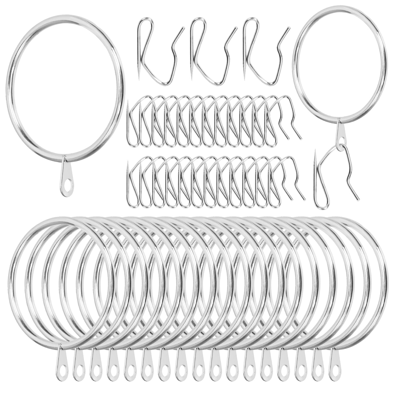 Swpeet 60Pcs 50mm/2" Inner Diameter Sliver Metal Curtain Ring with Pin-on Drapery Hooks Assortment Kit, Drape Sliding Eyelet Ring Metal Curtain Hooks, for Window Door Shower Curtains