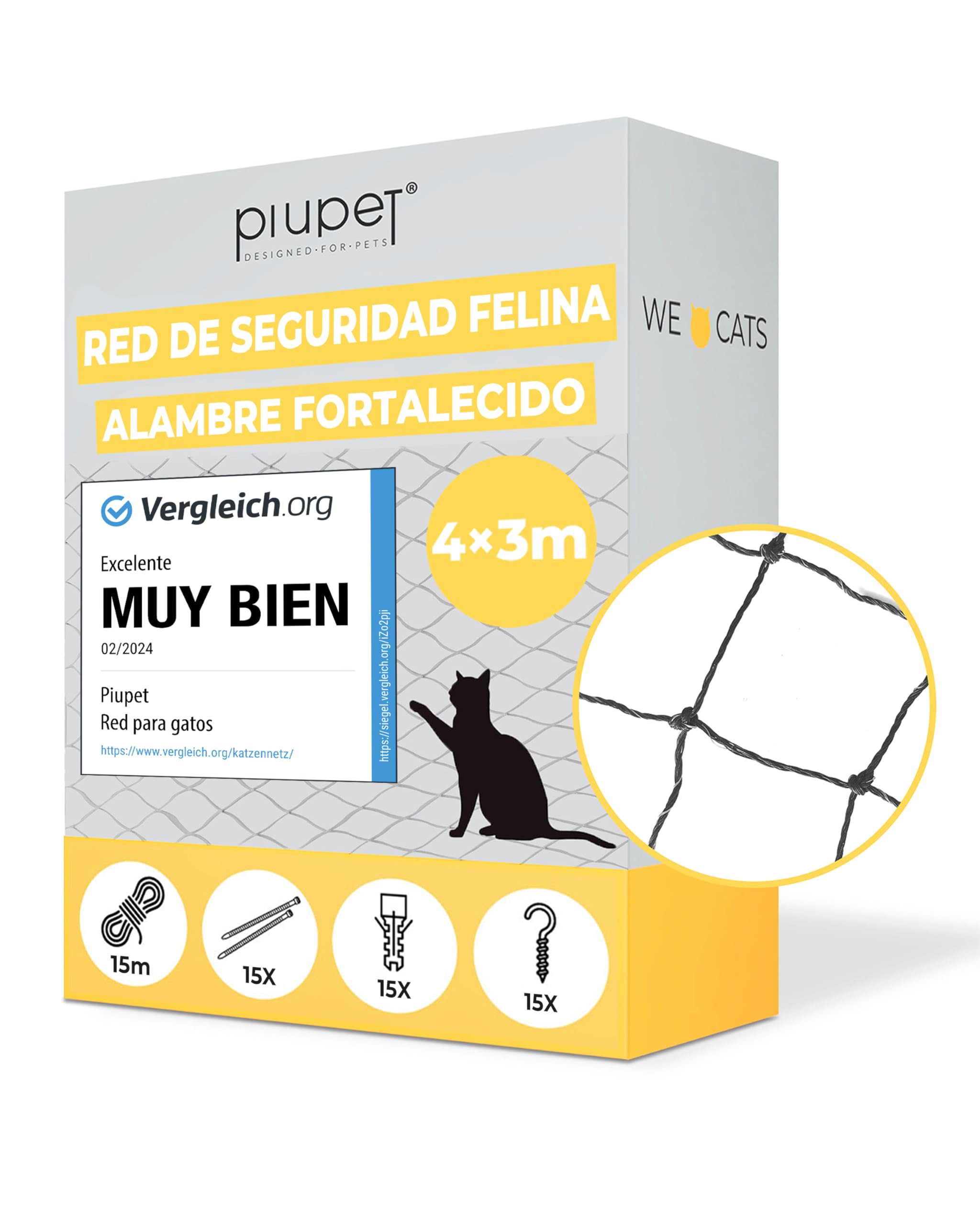 PiuPet® Red para Gatos Reforzada I 4x3m I Negro I para balcón, terraza y Ventana I Incluye Set de fijación | Red para Gatos terraza | Malla Protectora Balcon | Redes para Gatos para Ventanas