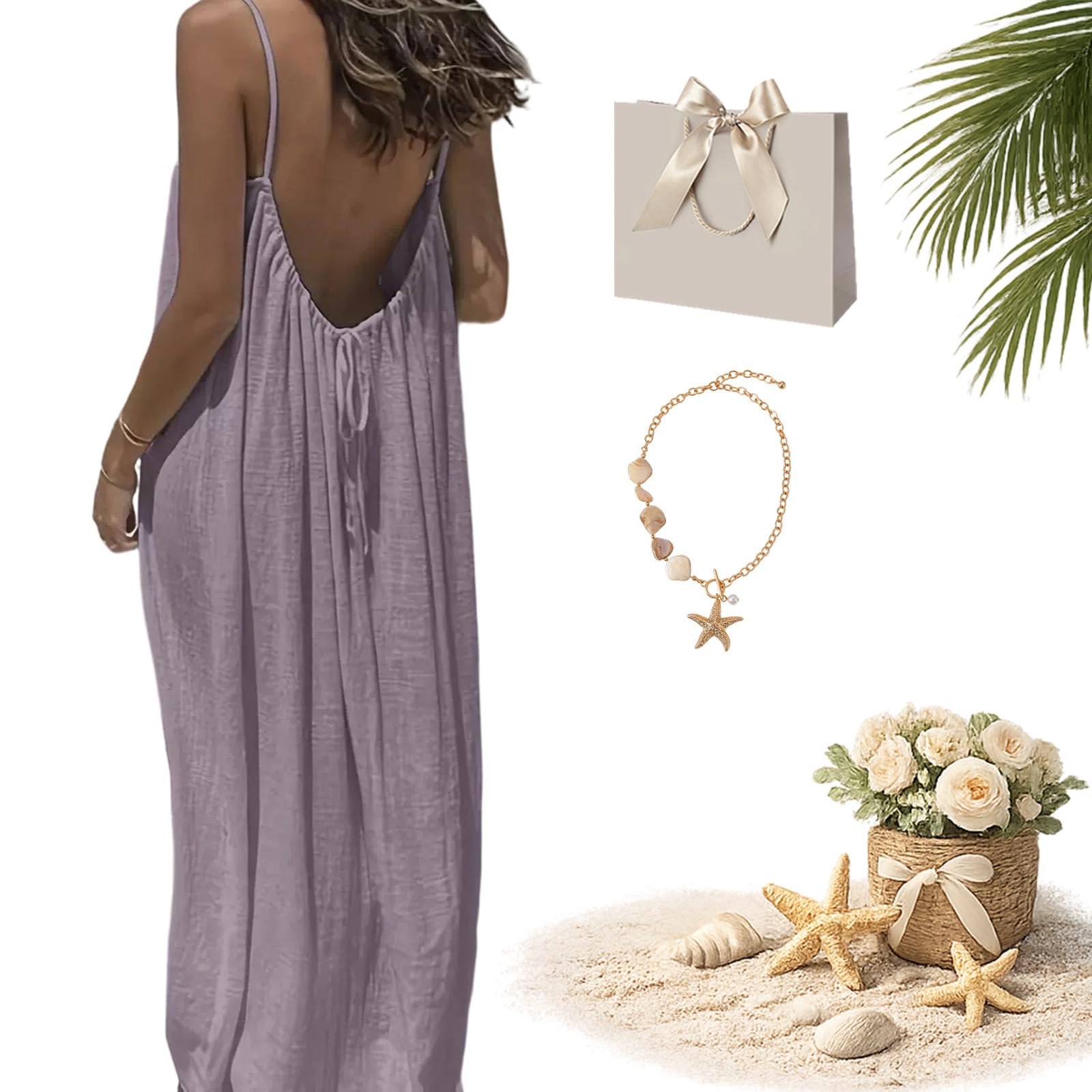 Liocwocne Women's Purple Solid Color Backless Cami Dress, Casual Sleeveless Beach Vacation Sundress, Casual Long Flowy Sundress (,Xxl)