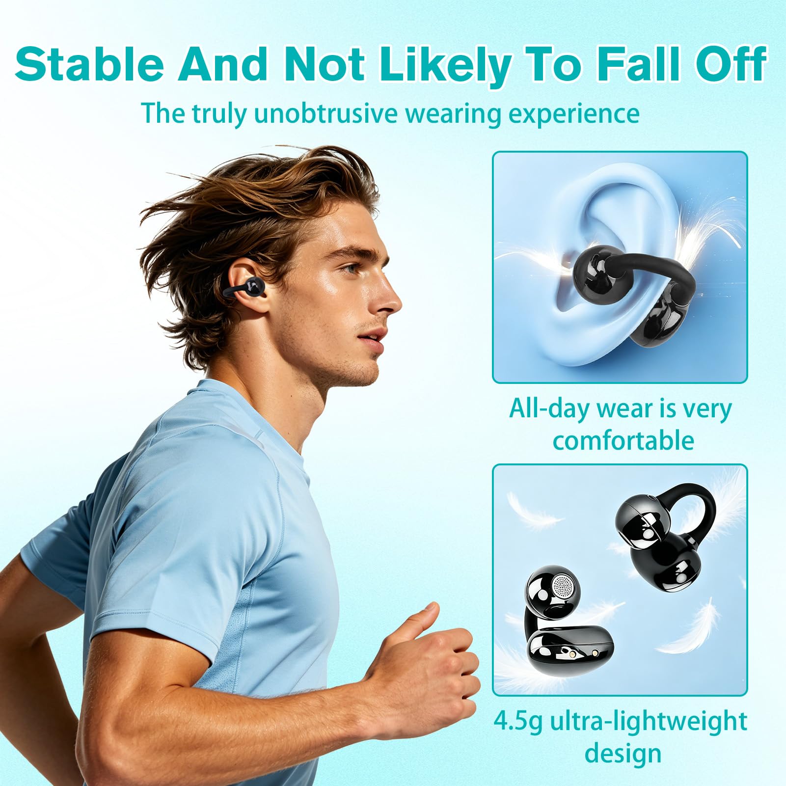 Auricolari Bluetooth senza fili,Open-Ear con clip, cancellazione del rumore, leggero con clip, impermeabile, display a LED, per sport, corsa, studio, viaggi (iOS e Android), qualità del suono di