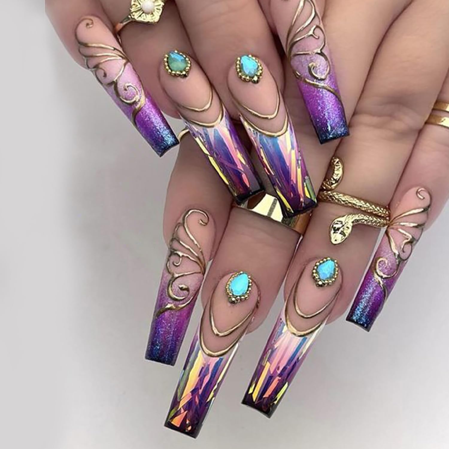 Press on Nails Long Artificial Acrylic Fingernails Glitter Diamond Golden Lines Design Square False Nail Purple Gradient French False Nail Full Cover