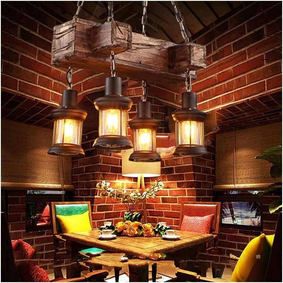 Miniatura 2 de Lámpara colgante industrial de 4 luces, candelabro de madera rústica, haz de madera, luz colgante de isla lineal grande, lámpara colgante industrial