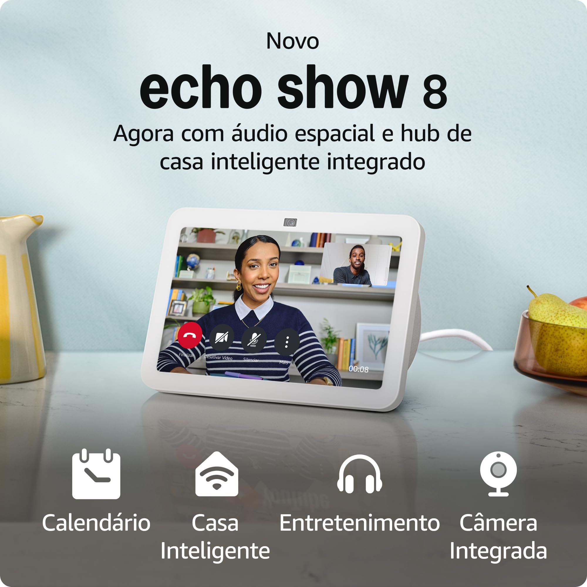 Echo Show 8 (3ª geração) | Smart display com áudio espacial, hub de casa inteligente e Alexa | Cor Branca