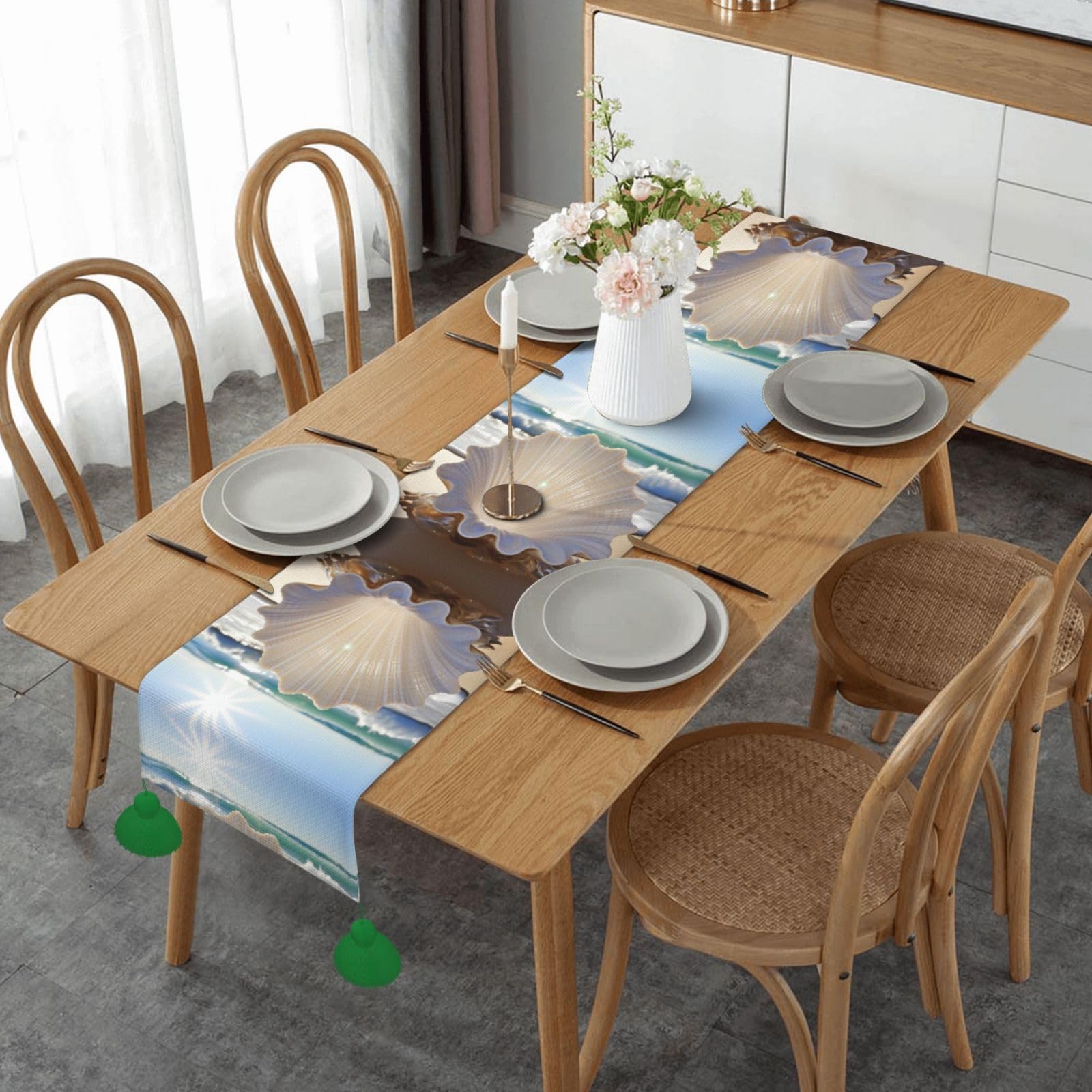Chemin de table imprimé plage en tissu pour habiller une table basse rustique
