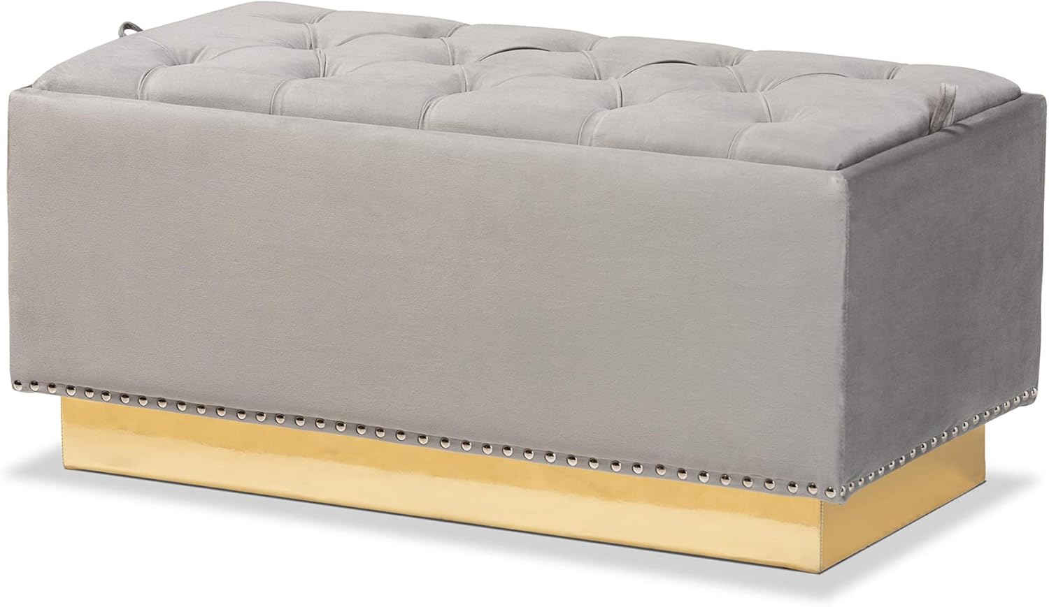 Baxton Studio Powell Glam and Luxe Grey Velvet Fabric Upholstered and Gold PU Leather Storage Ottoman