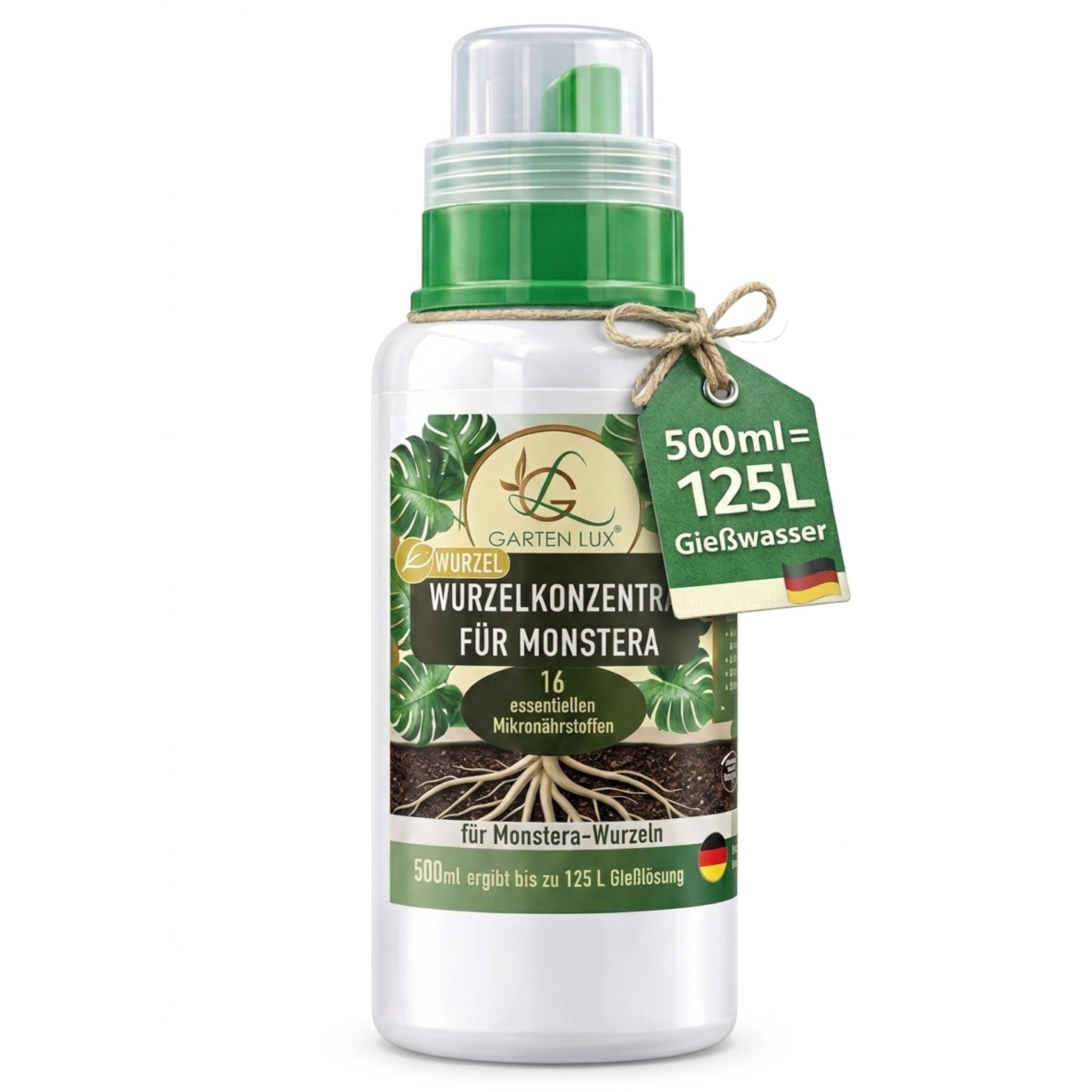 Garten Lux BIO Flüssigdünger Konzentrat für Monstera – Wurzelpflege über das Gießwasser – 500 ml ergibt 125 Liter – Mit 16 Mikronährstoffen für Monstera deliciosa, adansonii & mehr
