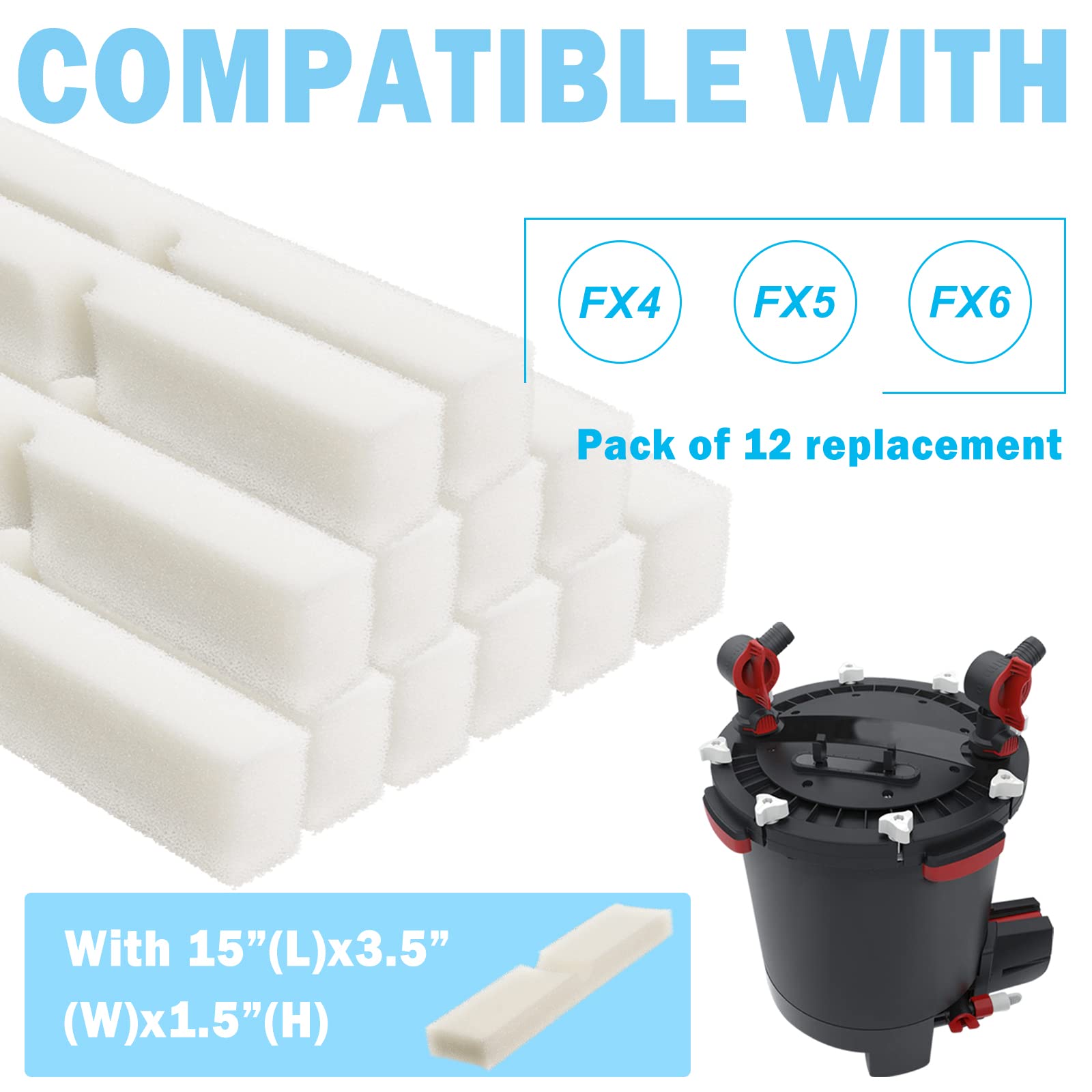 Almohadillas de filtro de espuma Fx4 de repuesto compatibles con filtro de recipiente Fluval FX5 / FX6, almohadillas de filtro de espuma de esponja biológica para acuario (12 paquetes)