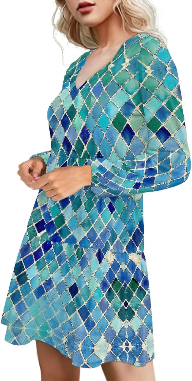 Long Sleeve Dress for Women Floral V Neck Lantern Sleeve Fashion Tunic Dress Knee Length Casual Swing Shift Dress - Image 2