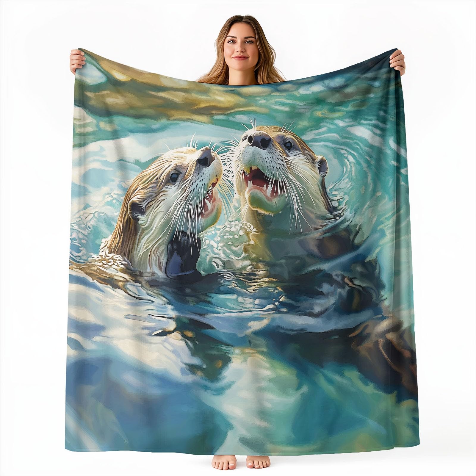 Nadruk jasnozielony, zwierzęcy koc polarowy, miękka wydra powierzchnia wody przytulny flanelowy koc dla nastolatków dorosłych - 150 x 200 cm na łóżko na sofę
