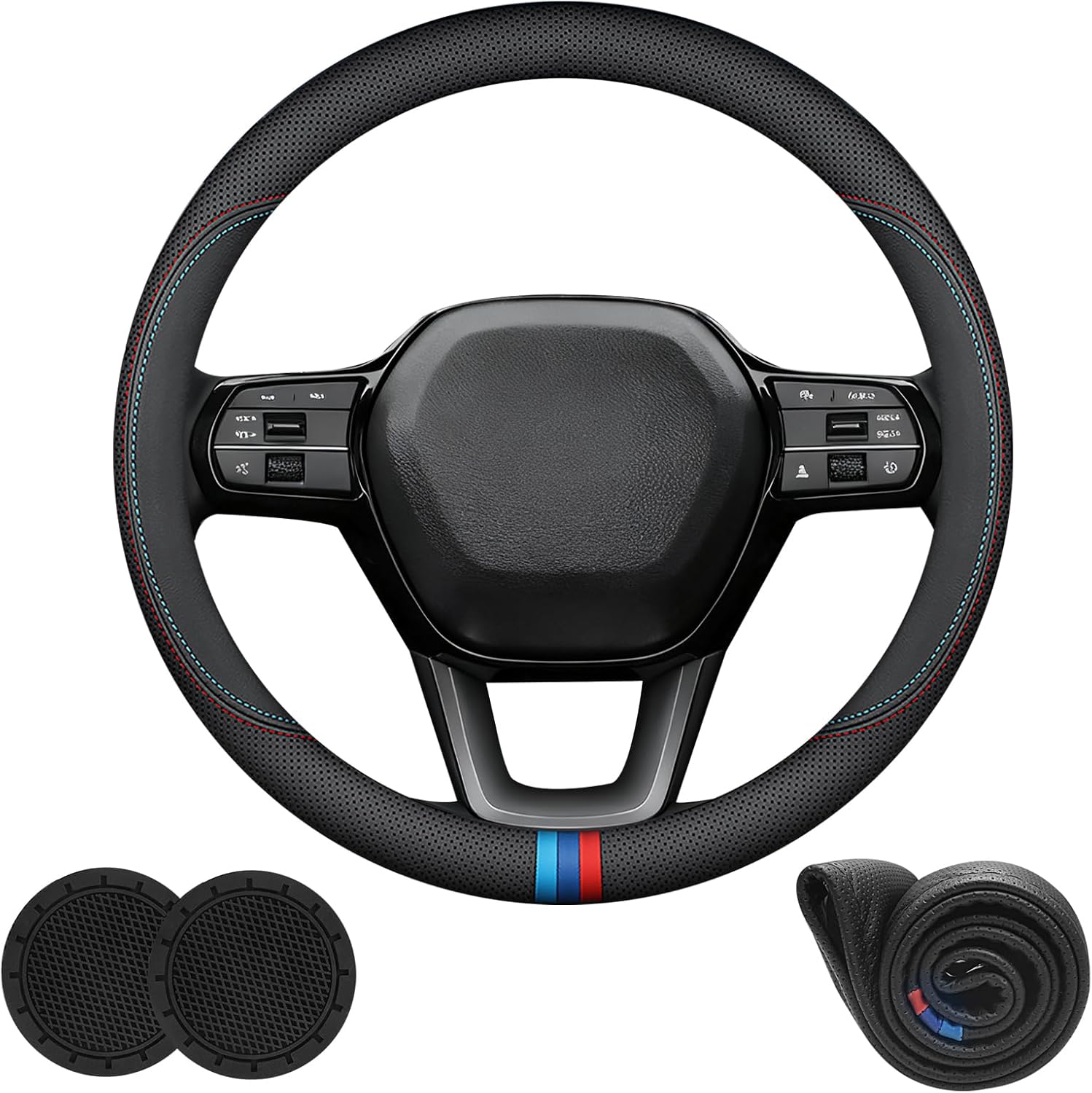 Nappa Leather Car Steering Wheel Covers Custom Fit for Honda Civic 2016-2025 2026 Accessories, Non-Slip and Breathable, Universal 14.5-15 Inch, Black