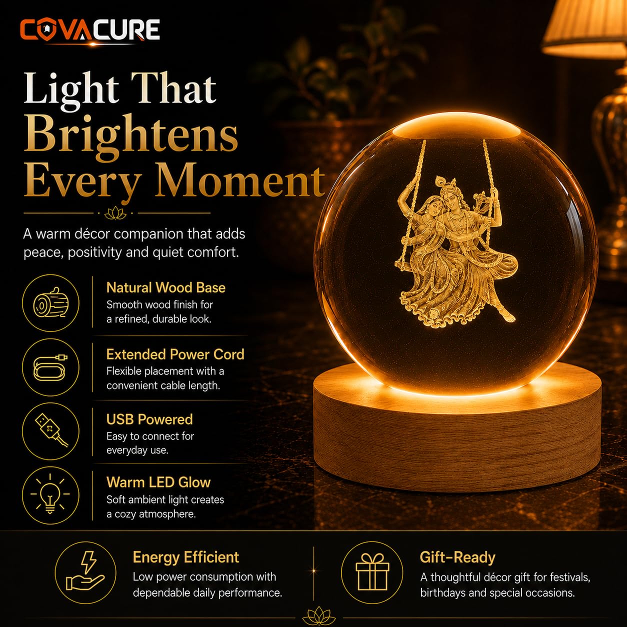 Radha Krishna Swing Crystal Ball Night Lamp - USB LED -7