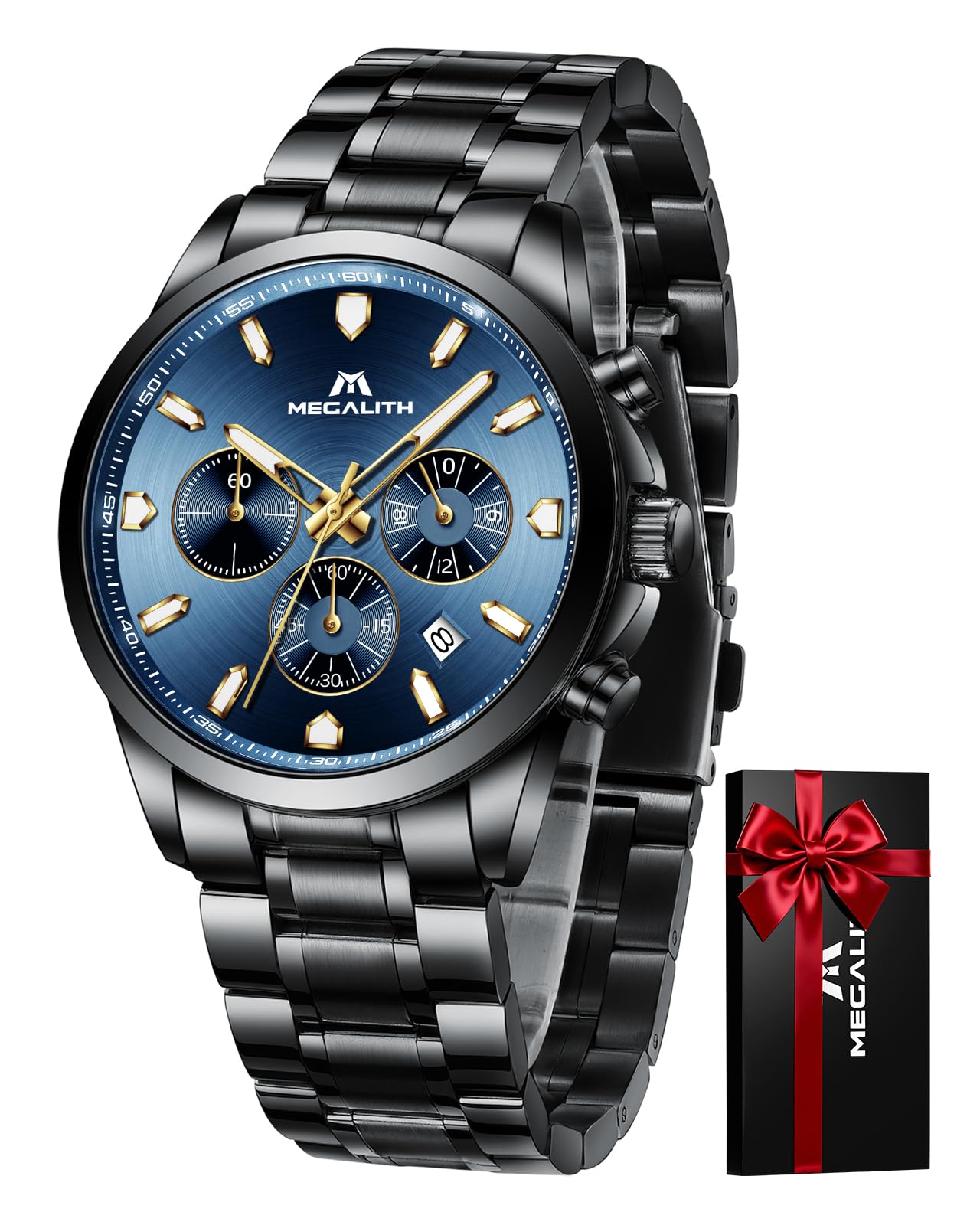 MEGALITH Herren Uhr Edelstahl Armbanduhr: Chronograph Analog Wasserdicht Herrenuhr mit Datum Leuchtend - Elegantes Geschenke für Business Männer Geburtstag Jubiläum