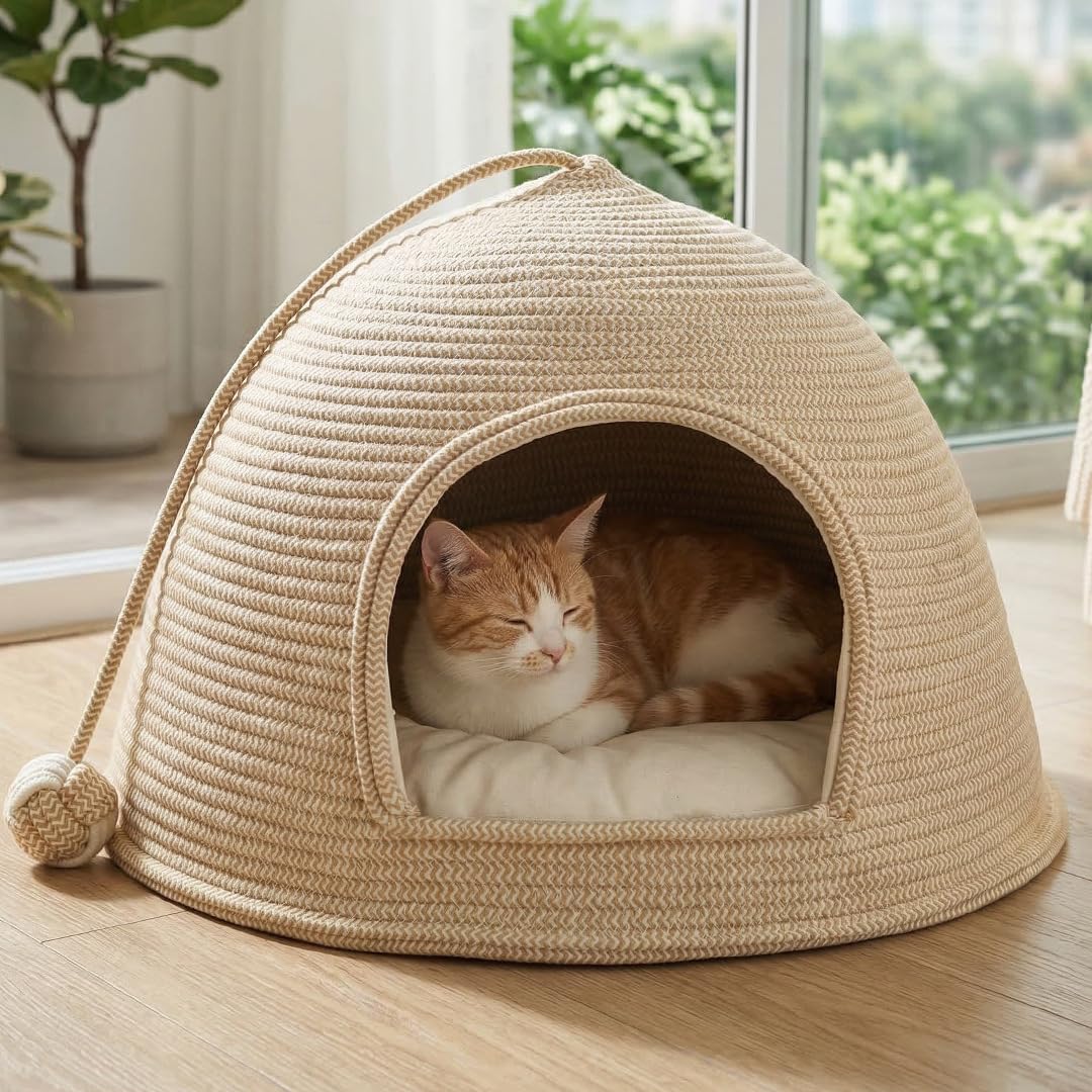 Cuccia per gatti da interni, cuccia per gatti chiusa in corda di cotone intrecciata con cuscino morbido lavabile e palla da gioco, letto pieghevole per gattini, 53 x 53 x 30 cm