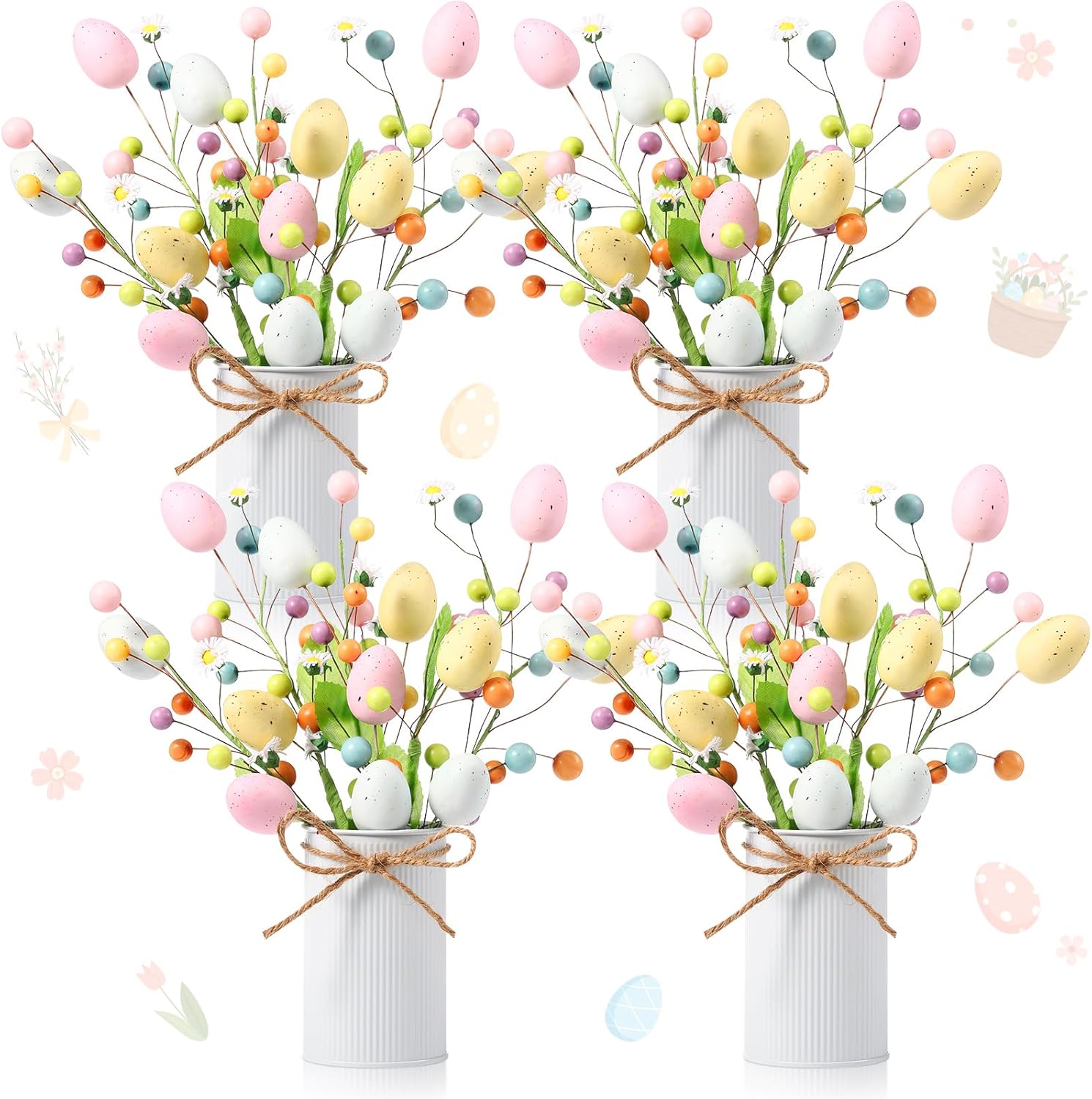 Riceshoot 4 Set Easter Table Centerpiece Decor Artificial Easter Egg Picks with Metal Vase Daisy Flowers Sprays Floral Berry Stems Colorful Egg Twig Branches for Spring Home Party Decoration