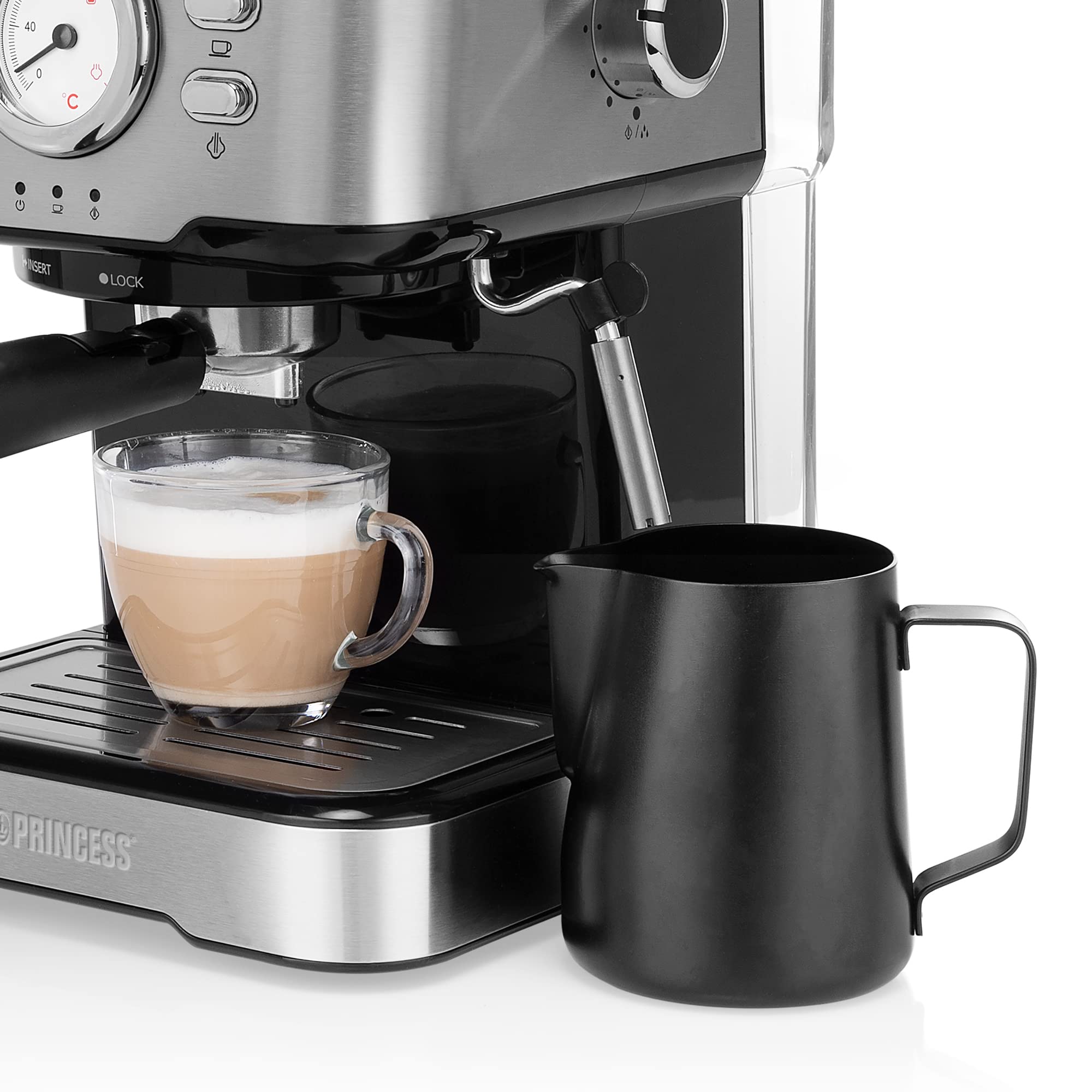 Princess 249412 Máquina de café para Espresso, Compatible con cápsulas Nespresso y café molido, 1 o 2 tazas, 20 bares de presión, Depósito extraíble de 1.5L, con espumador de leche, 1100 W