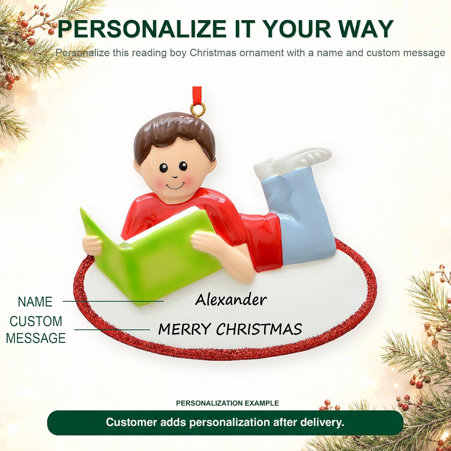 Reading Boy Christmas Ornament 2026 | Personalized Book Lover Gift
