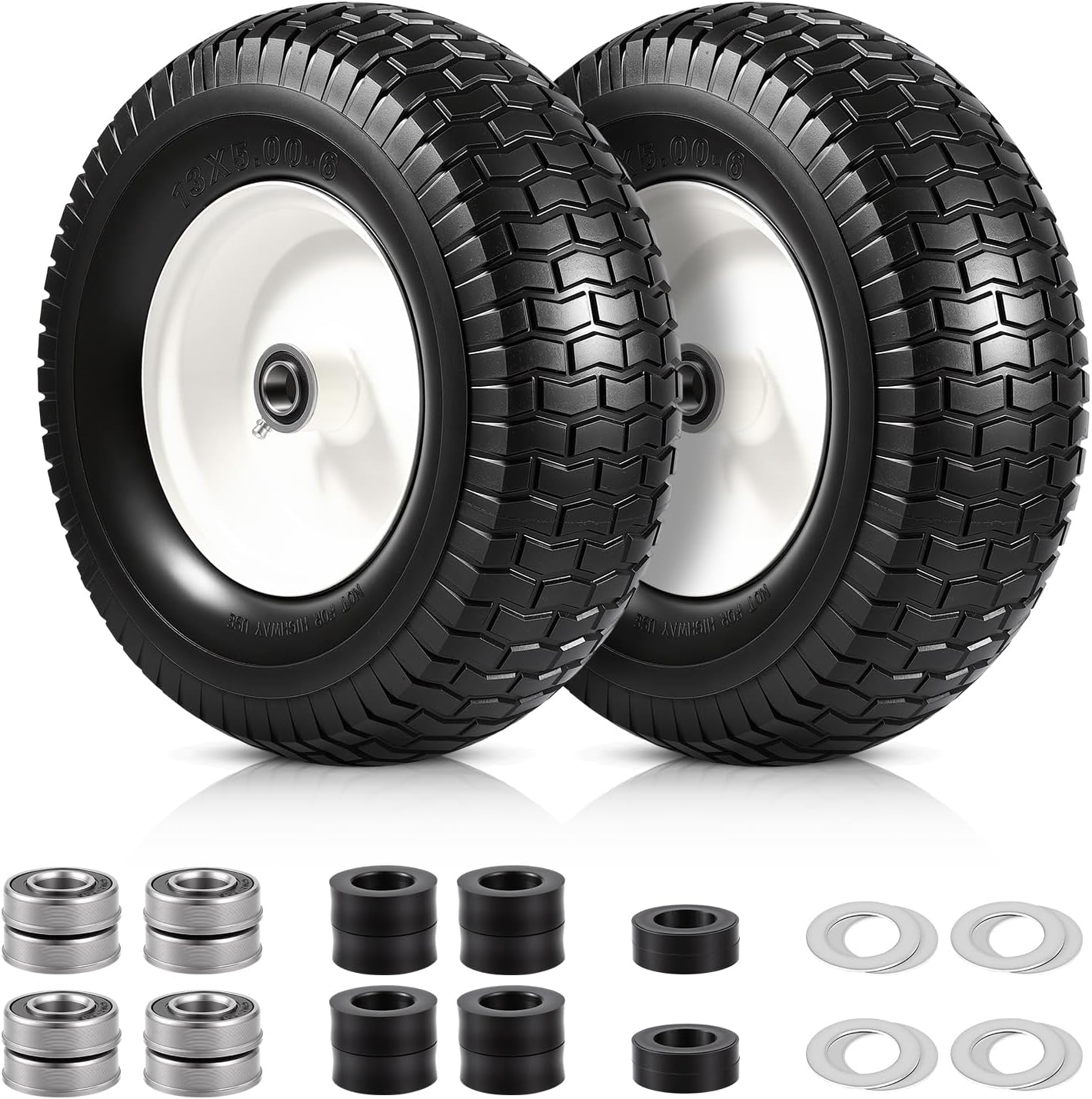 2 Pack 13x5.00-6 Flat Free Tire and Wheel Assemblies, 13x5x6 Solid Rubber Lawn Mower Tires for Riding Lawn Mower Tires and Wheel with 3/4" & 5/8" Bearings and 3" Centered Hub