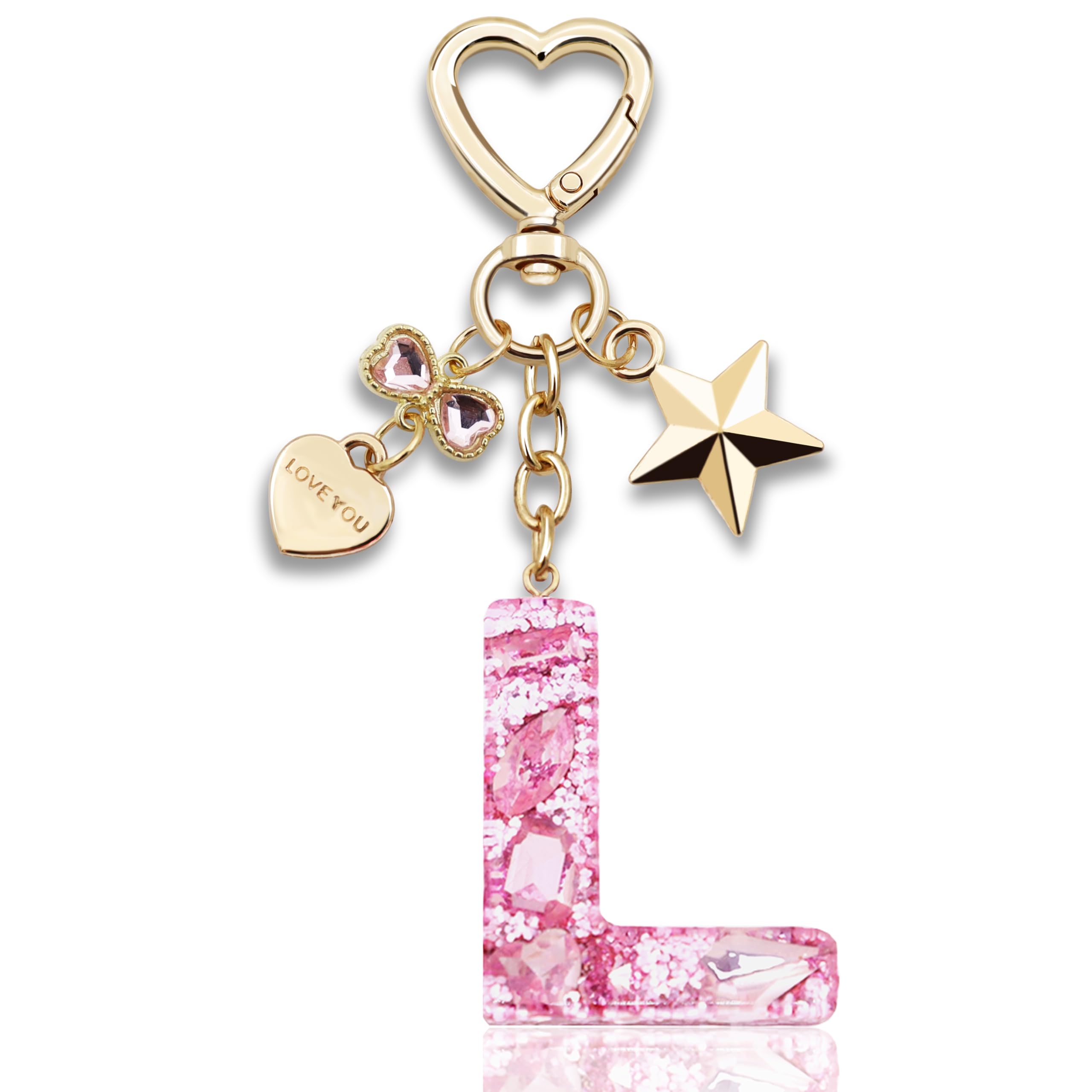 Glitter Initial Letter Keychain Gift for Women Cute Pink Resin Keychains for Bag