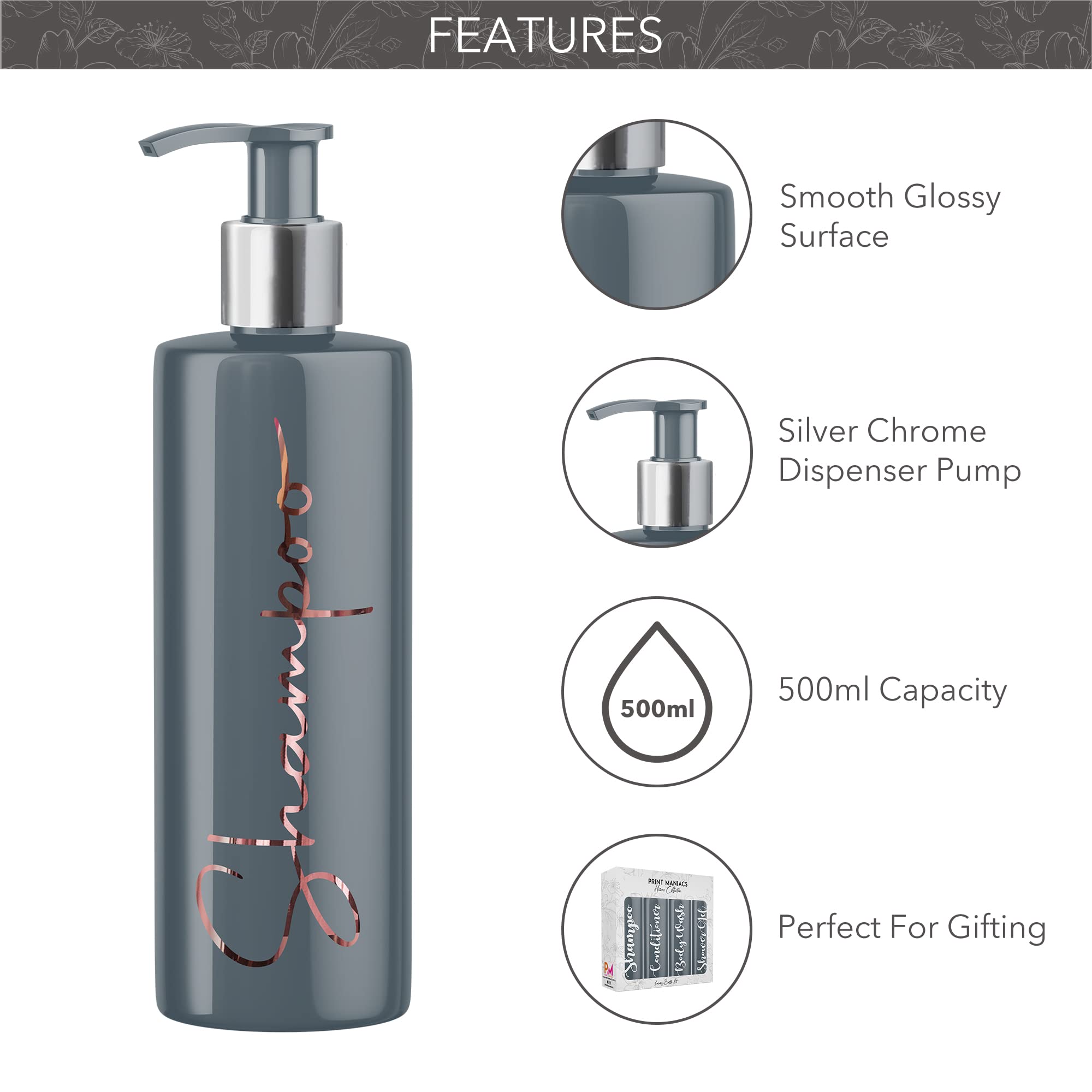 Print Maniacs Grey Mrs Hinch Inspired Personalised 500ml Pump Bottles Bathroom Lotion Kitchen Set Shampoo Conditioner Body Wash F2 (Rose Gold - Image 3