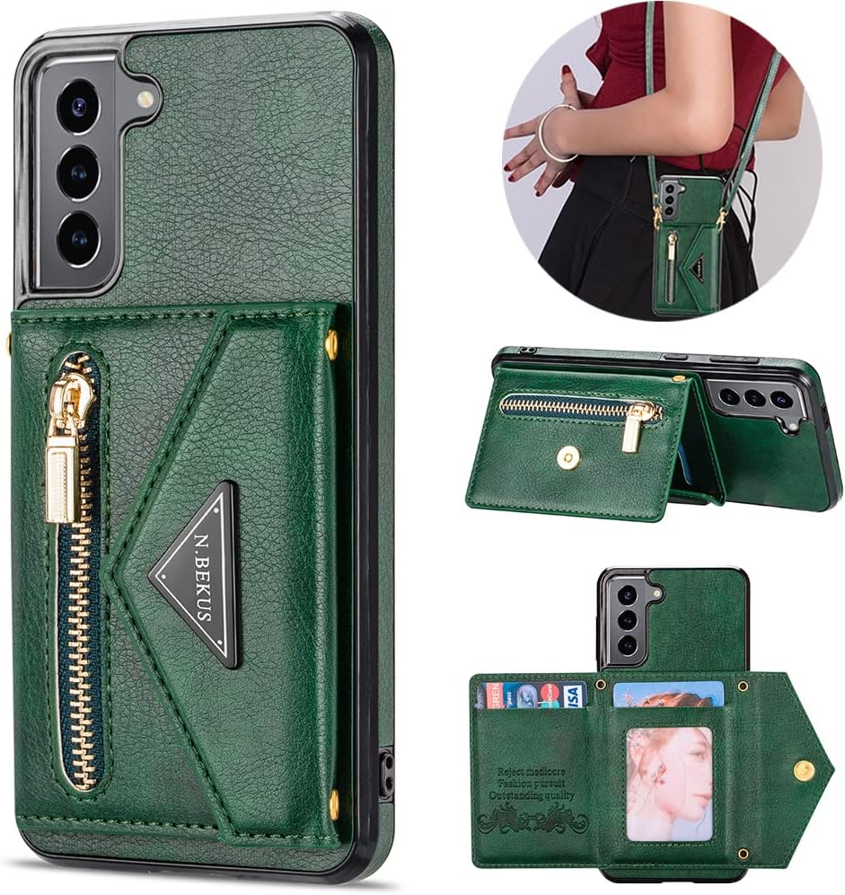 KUDEX Wallet Case for Samsung Galaxy S21 5G 6.2 Inch with Crossbody Strap,Envelope Flip Leather Magnetic Back Flip Purse Case with Card Holder Zipper Pocket Stand Shoulder Strap for Women(Green)