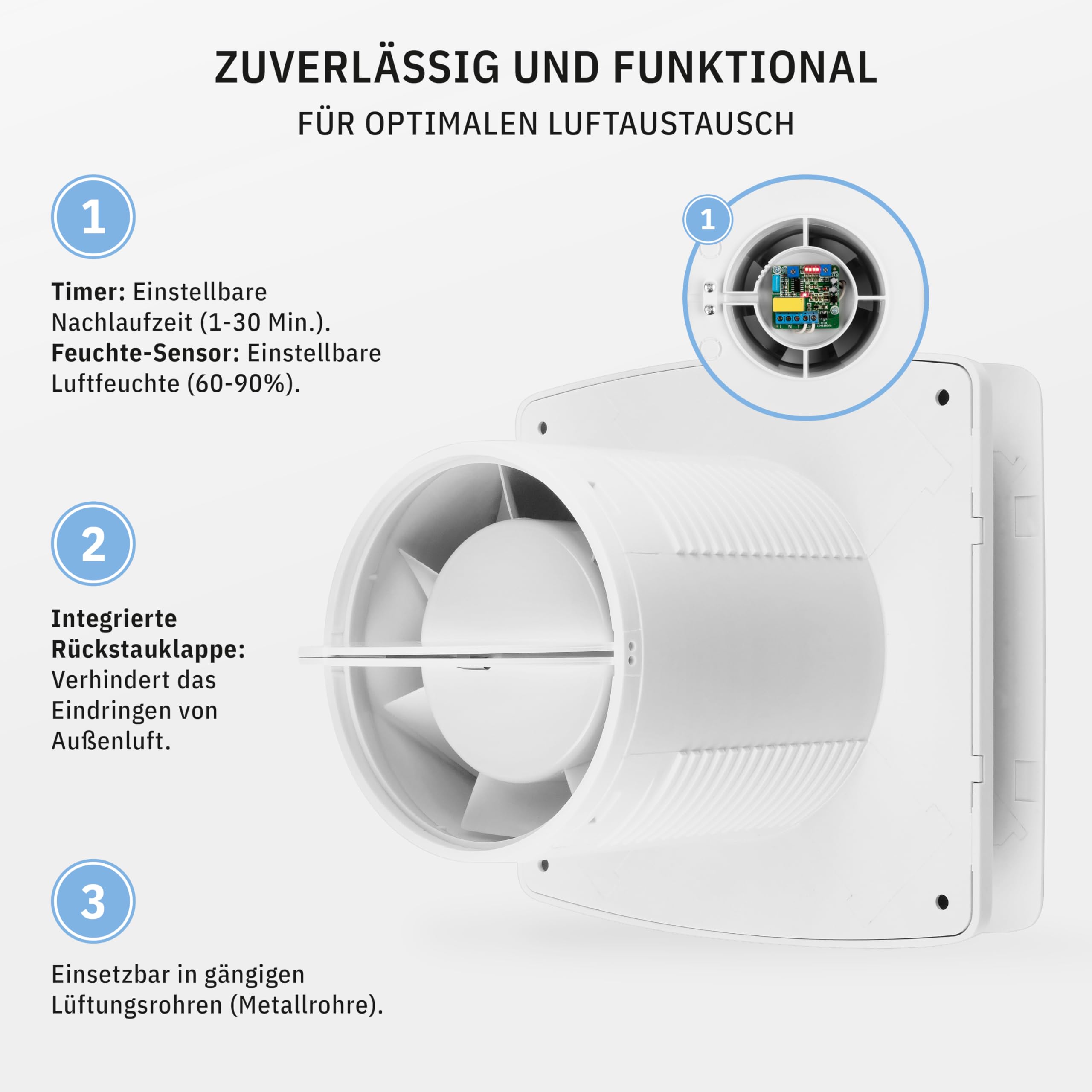 BREEZE Badlüfter 100mm Mit Nachlauf Und Rückstauklappe, Badlüfter Mit Feuchtigkeitssensor, Energieeffizient, Leise, Kunststoff 12 W, 95m³/h, 32db, Ipx4