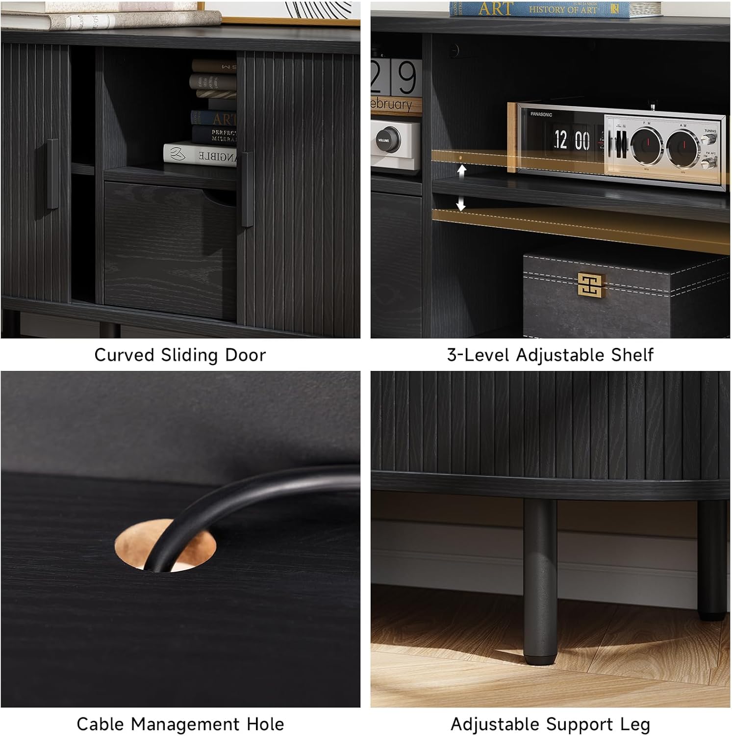 ONBRILL 86.6" TV Stand with Power Outlet for TVs up to 90", Entertainment Center with Storage and Drawer, TV Console with Adjustable Shelves and Sliding Door, TV Stand for Living Room, Bedroom, Black