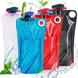 Faltbare Trinkflasche 1L, 4 Stück Trinkbeutel Festival Trinkflasche | BPA-freie Trinkflasche Faltbar Wasserflasche mit Karabiner, Wasserbeutel für Festival Zubehör, Wandern, Camping und Reisen