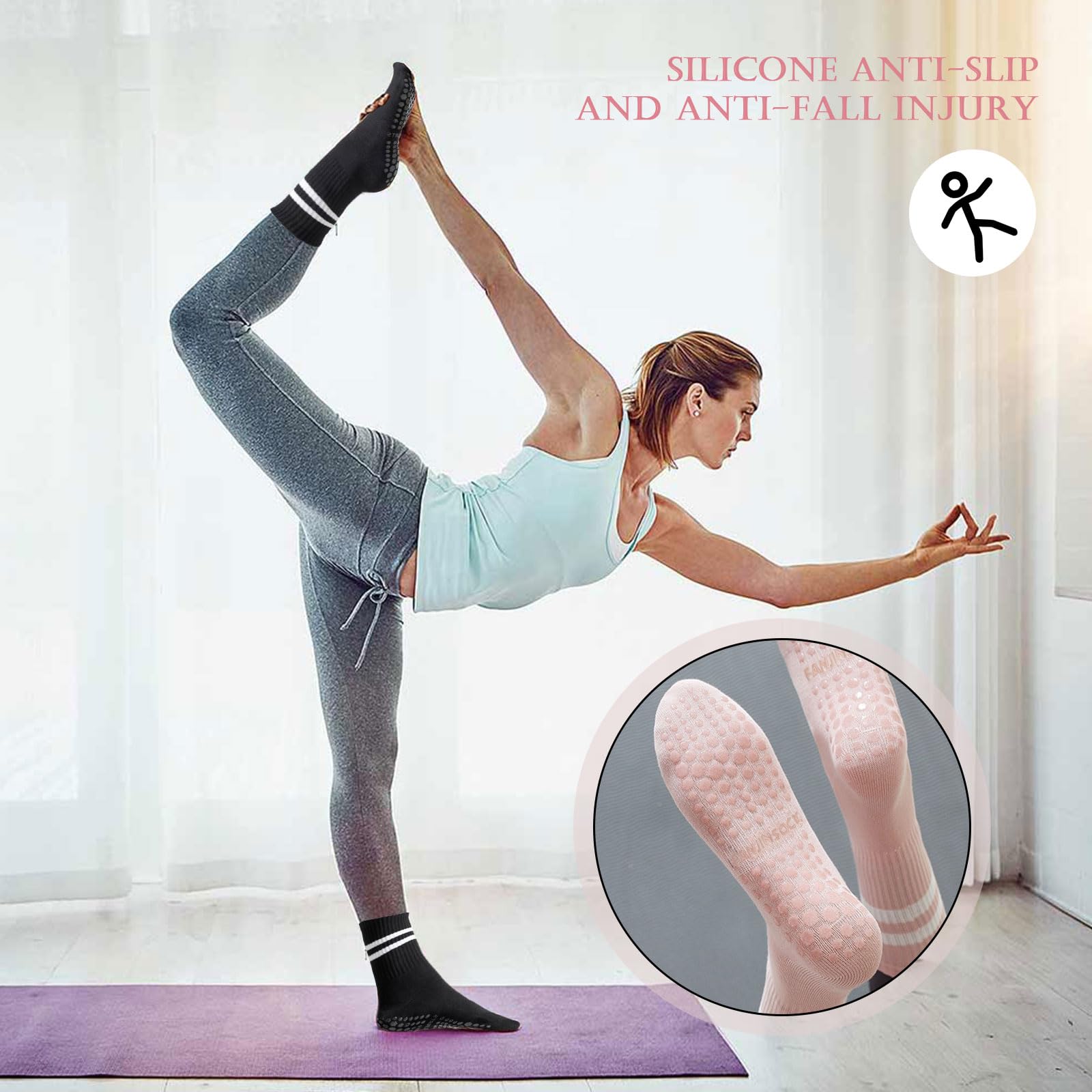 TSHAOUN 3 pary skarpet do jogi antypoślizgowe skarpety, pilates skarpetki antypoślizgowe, skarpetki do jogi damskie pięć palców sportowe skarpety do baletu, fitness