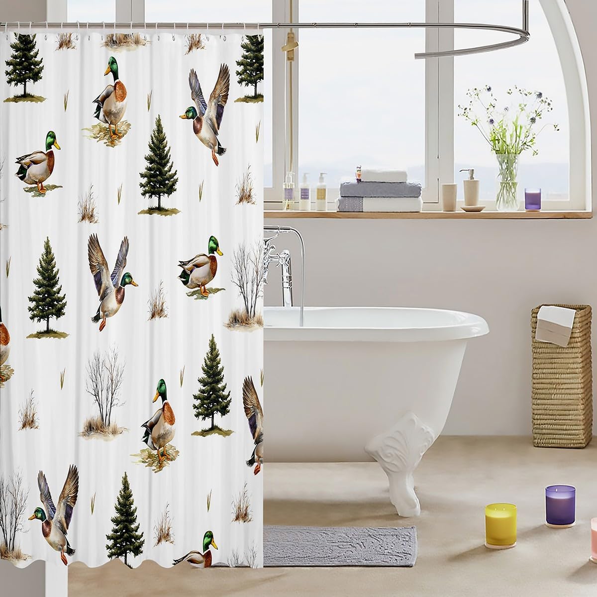 Erosebridal Mallard Duck Hunting Shower Curtain,Woodland Tree Branches Bathroom Shower Curtain Sets,Flying Duck Wildlife Safari Animal Bath Curtain,Rustic Farmhouse Kids' Shower Accessories,72"Wx78"L