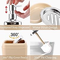 Vista 2 de Juego de baño beige de plástico de 9 piezas, con basurero, dispensador de jabón, portacepillos de dientes, vaso, jabonera, cepillo para inodoro