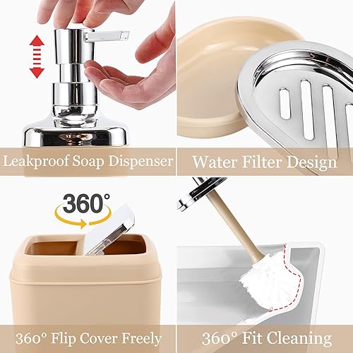 Miniatura 2 de Juego de accesorios de baño beige de 9 piezas, juego de baño de plástico con basura, dispensador de jabón, soporte para cepillos de dientes, taza