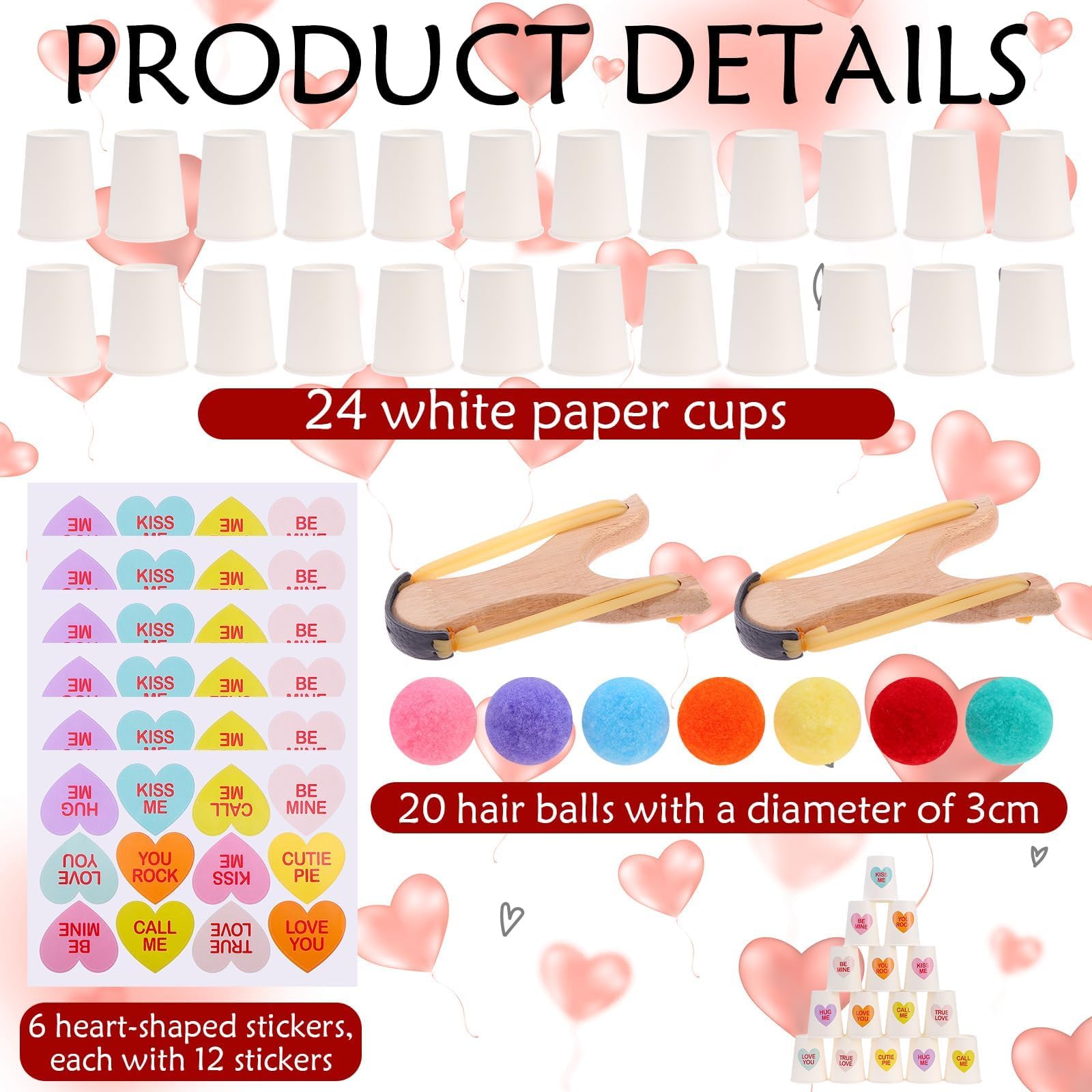 Valentine Toss Game Valentine's Day Games Cup Toss Game with 24 Paper Cup 72 Heart Stickers 2 Wooden Slingshot 20 Pompoms Throwing Carnival Games Couple Games for Valentine Party Outdoor Indoor