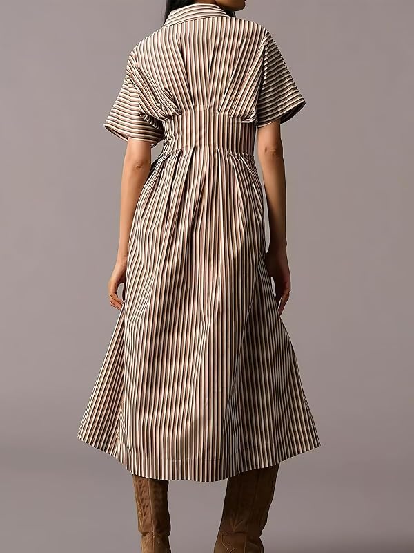 ebossy Women's Striped Shirt Dress Short Sleeve Contrast Color Ruched Flowy Mid Long Tunic Dress with Pockets (M, Brown) by ebossy - Used condition - Image 2