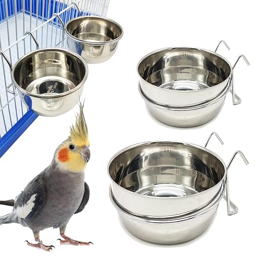 2X Comedero Bebedero para Jaula de Pajaro Acero Inoxidable con Gancho Contenedor de Comida 4 Tamaños Cuenco…