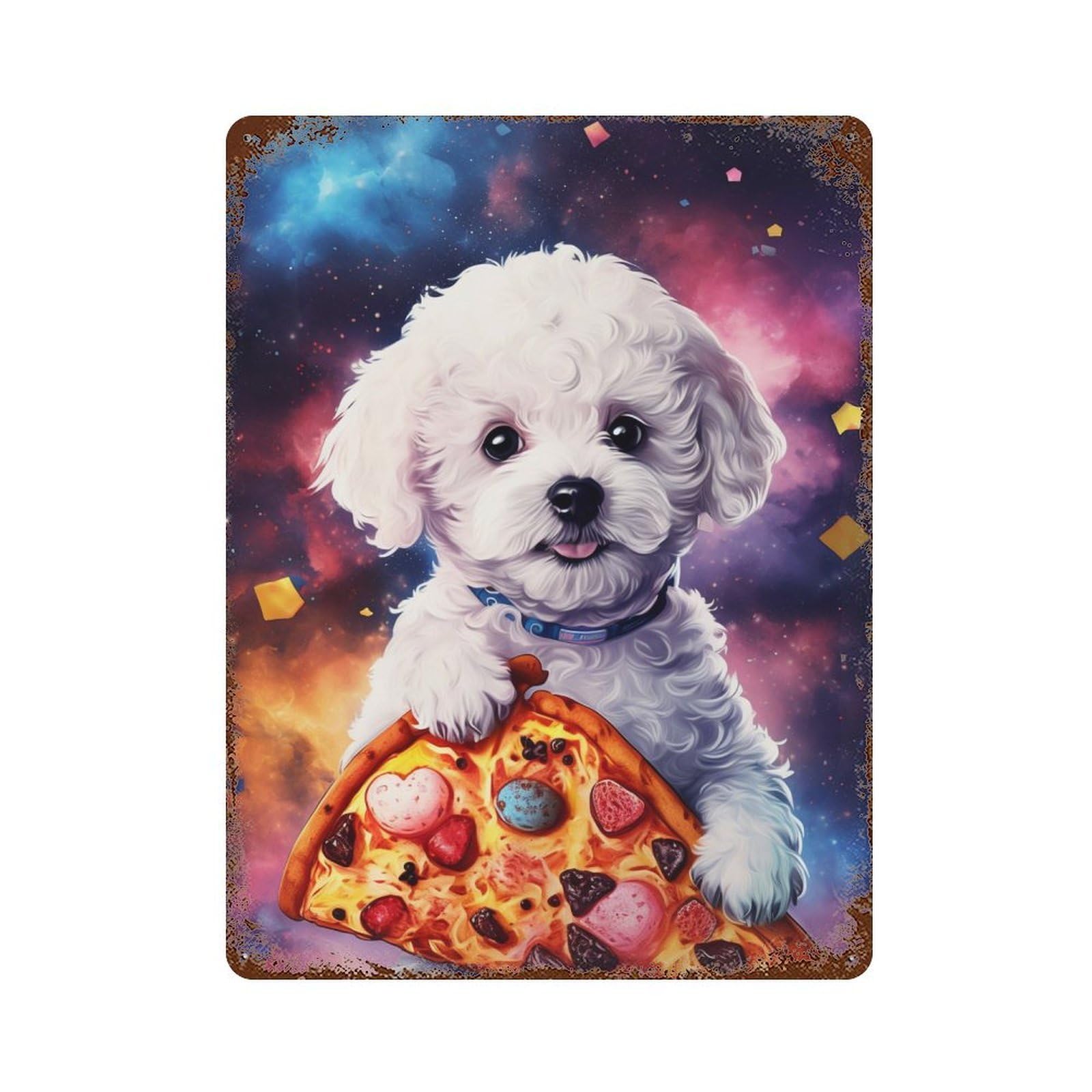 Space Pup with Cosmic Pizza Slice 15.7"x11.8" Retro Metal Sign, Shabby Chic Decor for Garage, Bar And Workshop Decor