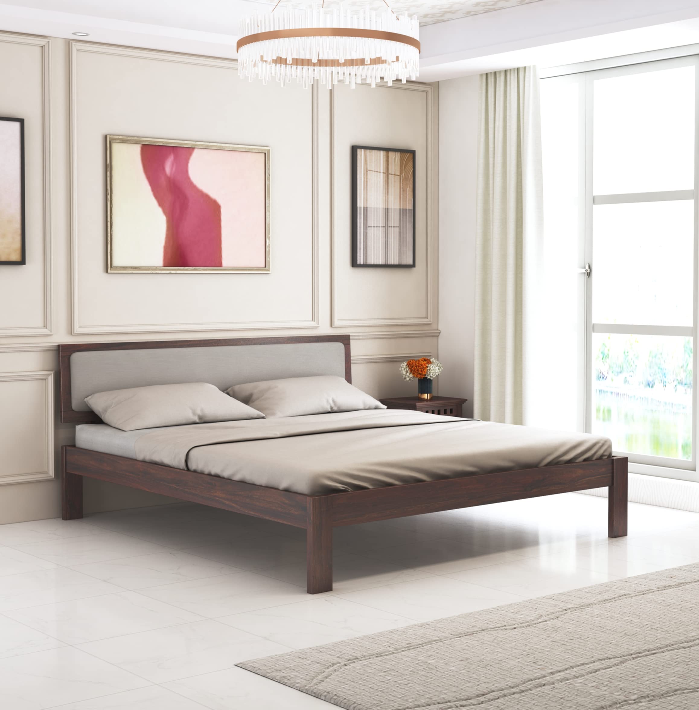 Ganpati Arts Solid Sheesham Wood Queen Size Bed Without Storage and Upholstered Headboard | Wooden Double Bed Cot Palang Furniture for Bedroom, Living Room, Home (Walnut Finish) 1 Year Warranty