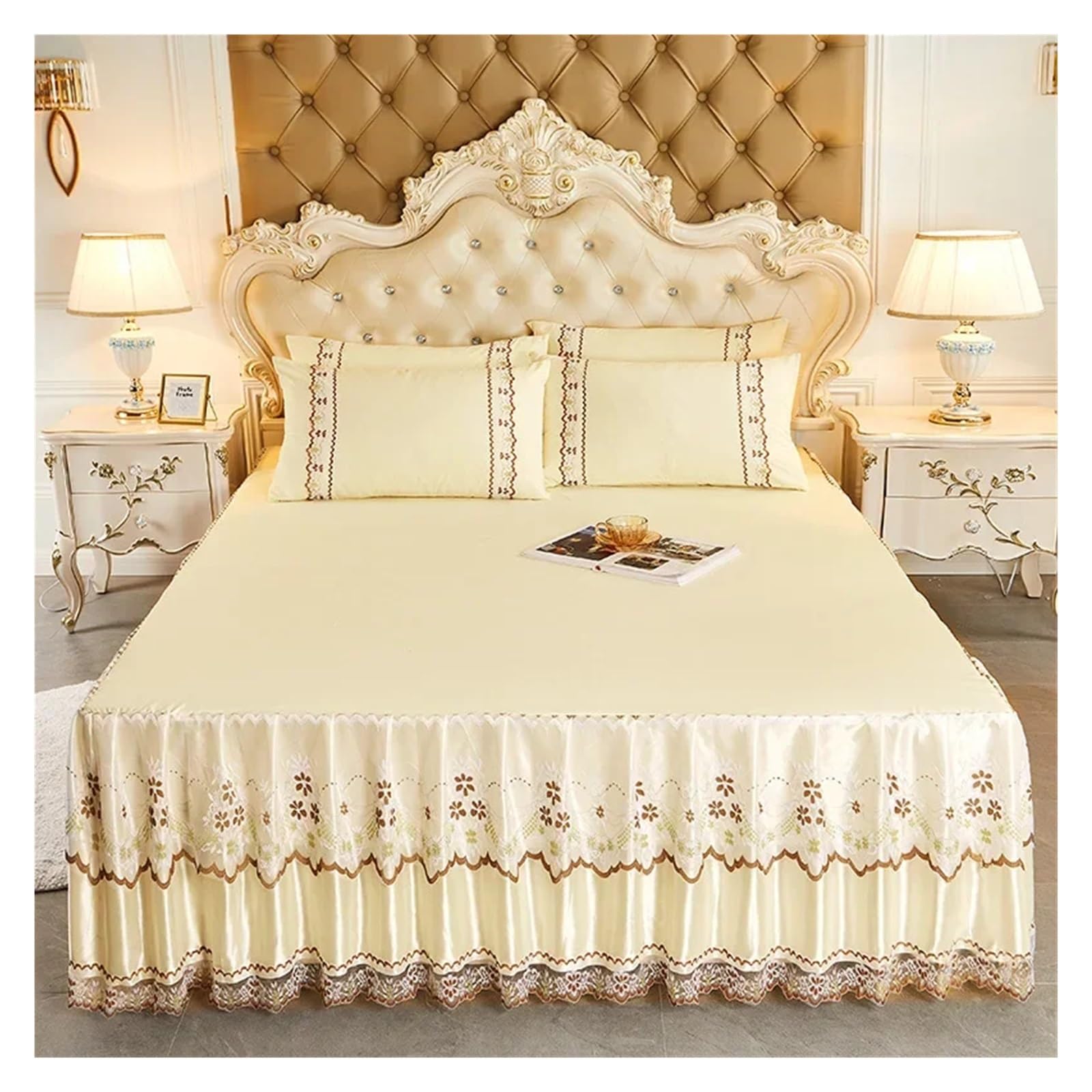 Lace Ruffled Bedroom Bed Skirt Non-slip Mattress Cover Bedspread King Size(Color 2,1PC 150x200cm)