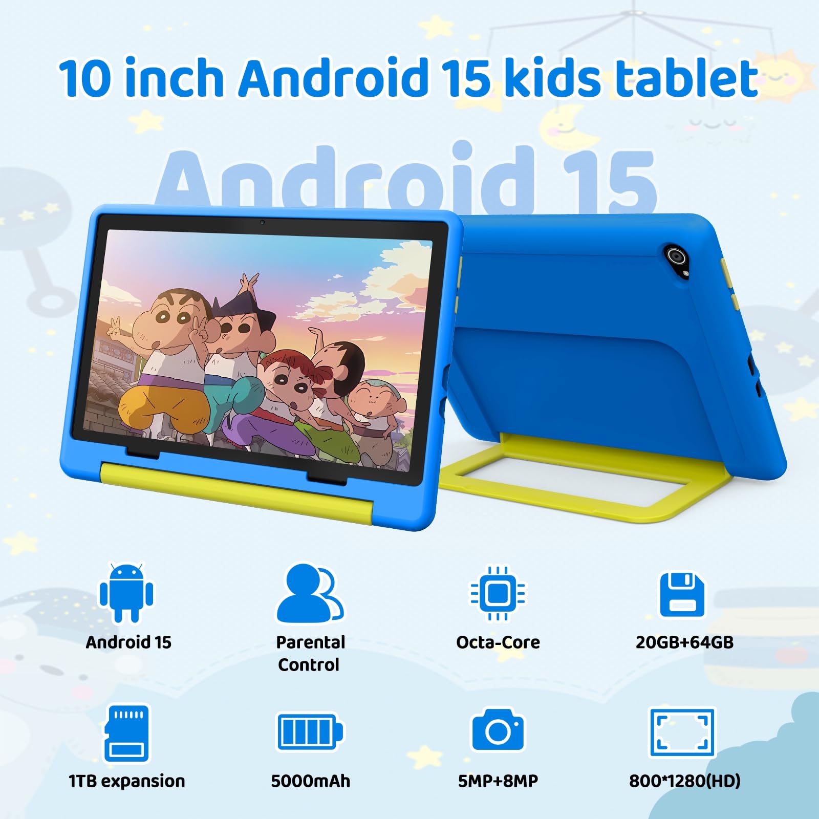 Tablet Bambini 10 Pollici Android 15 Octa-Core 20 GB RAM 64 GB ROM WiFi 6 Controllo Parentale 1280x800 Doppia Fotocamera 5MP+8MP 5000 mAh Custodia Protettiva (Blu)