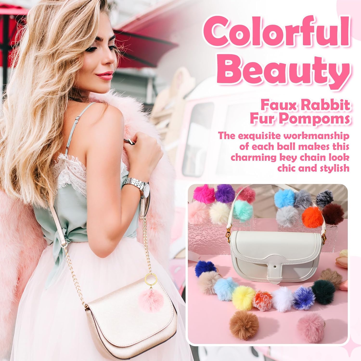 100 Pcs Colorful Pom Poms Keychain Bulk Fuzzy Ball Keychains Pompoms Keyring for Girls Women DIY Thank You Gifts(2.4 Inch) - Image 7