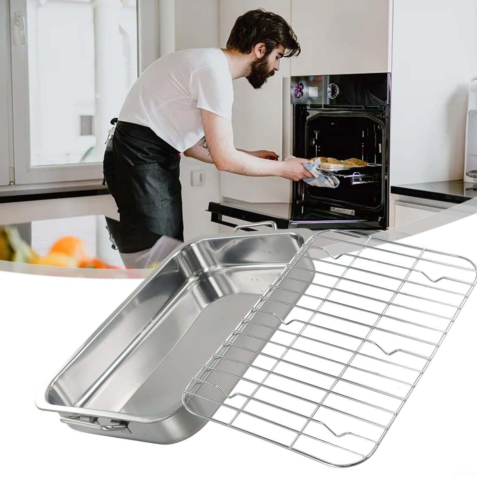 Bandeja de acero inoxidable con estante, para hornear y asar carnes y verduras en el horno (42 x 32 x 6,5 cm)
