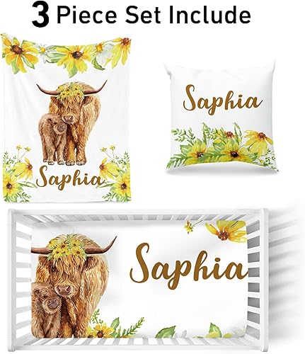 Miniatura 2 de Juego de ropa de cama personalizado para cuna de vaca de las tierras altas para bebés, niños y niñas, juego de manta personalizada de doble capa con