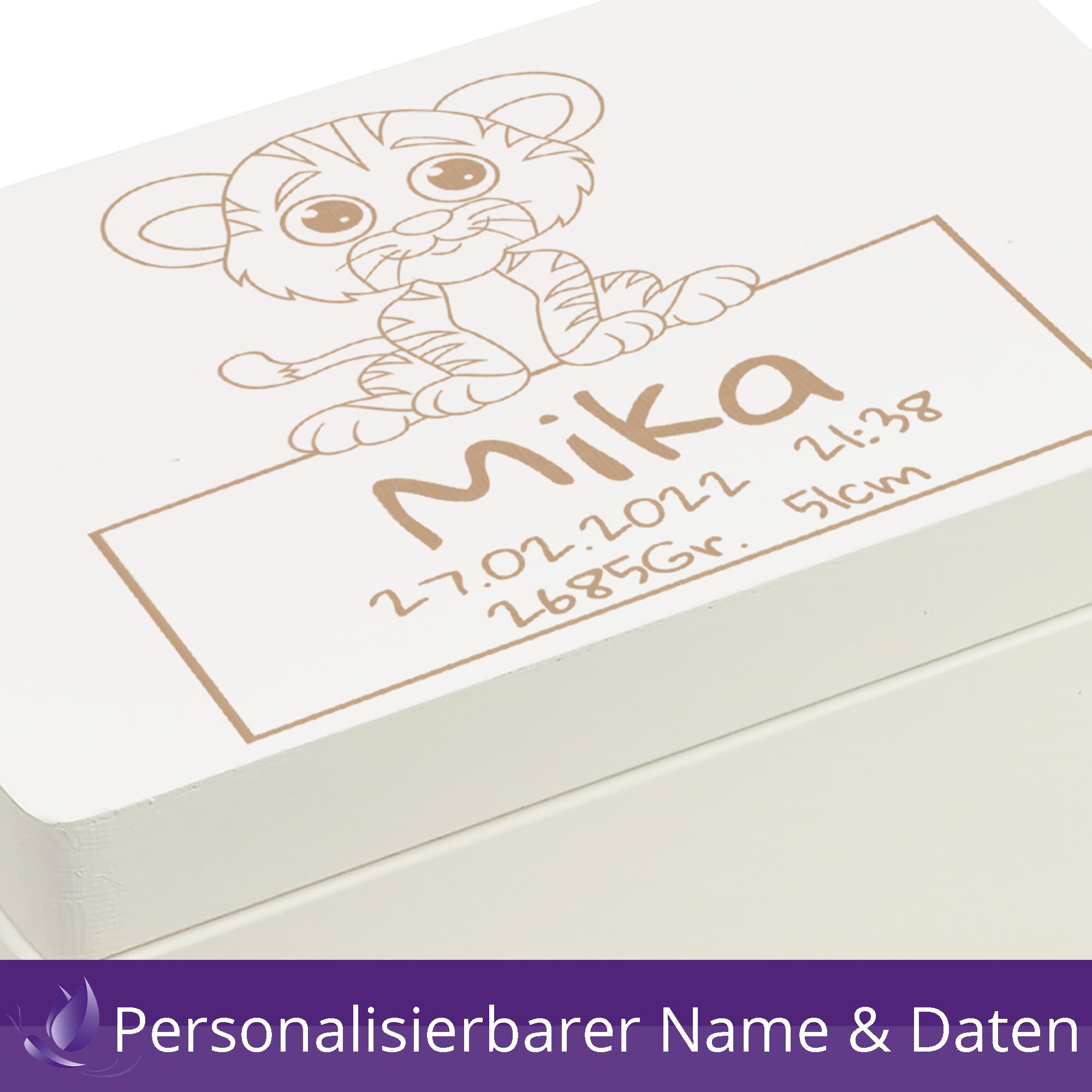 Scatola dei ricordi personalizzata per neonati e bambini con incisione Tiger – Scatola in legno per bei ricordi – Scatola in legno 40 x 30 x 23 cm
