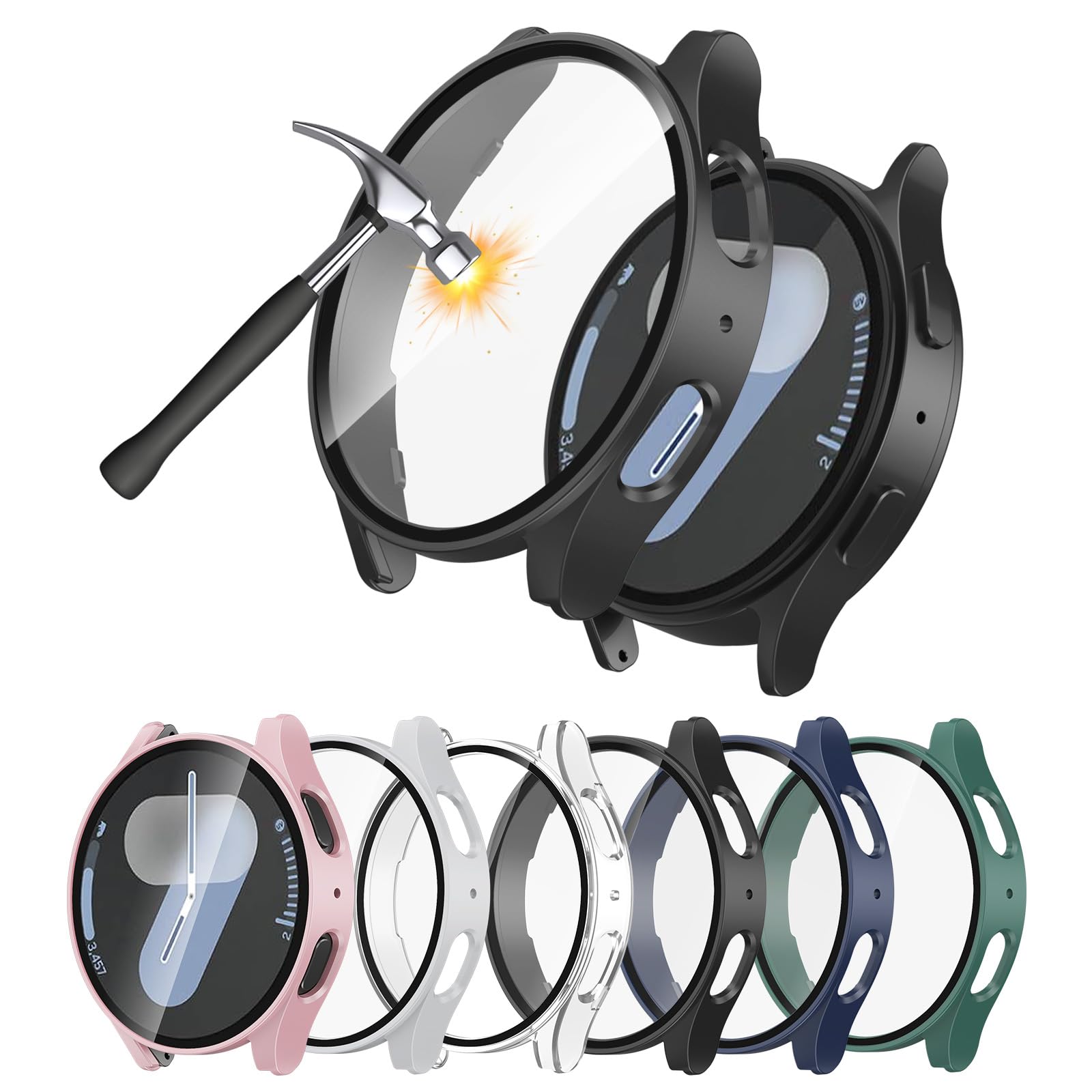 aceyoon Funda con Protector Pantalla para Samsung Galaxy Watch 7 44mm, Carcasa Protección General 6 Unidades Cristal Vidrio Templado Incorporado Alta Sensibilidad (6 Colores)