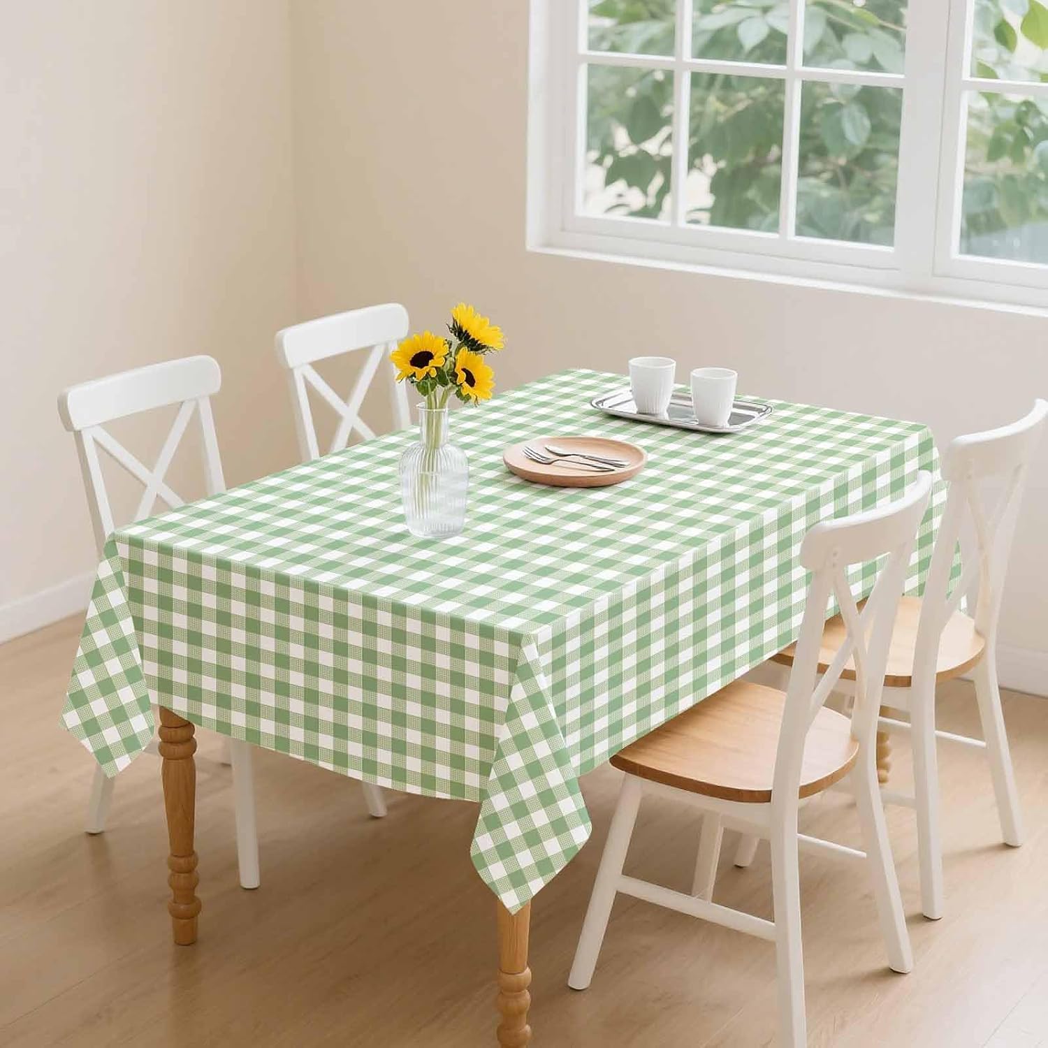 2 Pack Sage Green Gingham Tablecloth Disposable 54 × 108 Inch Sage Green and White Checkered Plastic Rectangle Table Cover for Picnic Baby Shower Wedding Birthday Party Table Cloth