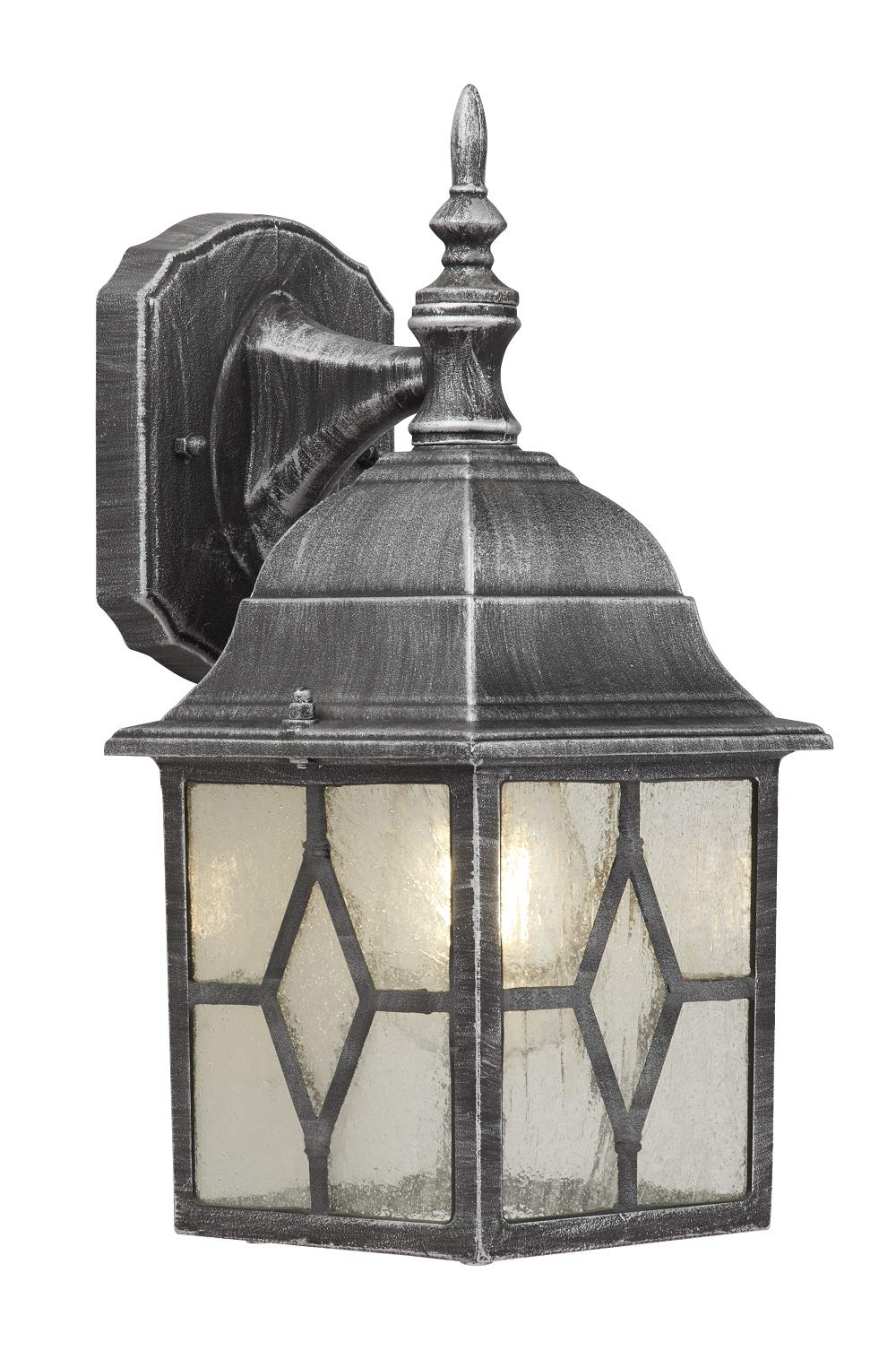 Lights4Living Rustic Black and Silver Brushed Metal 33cm Exterior GardenOutdoor Wall Light Coach Lantern with Traditional Leaded Style Panel Glass - LED Compatible