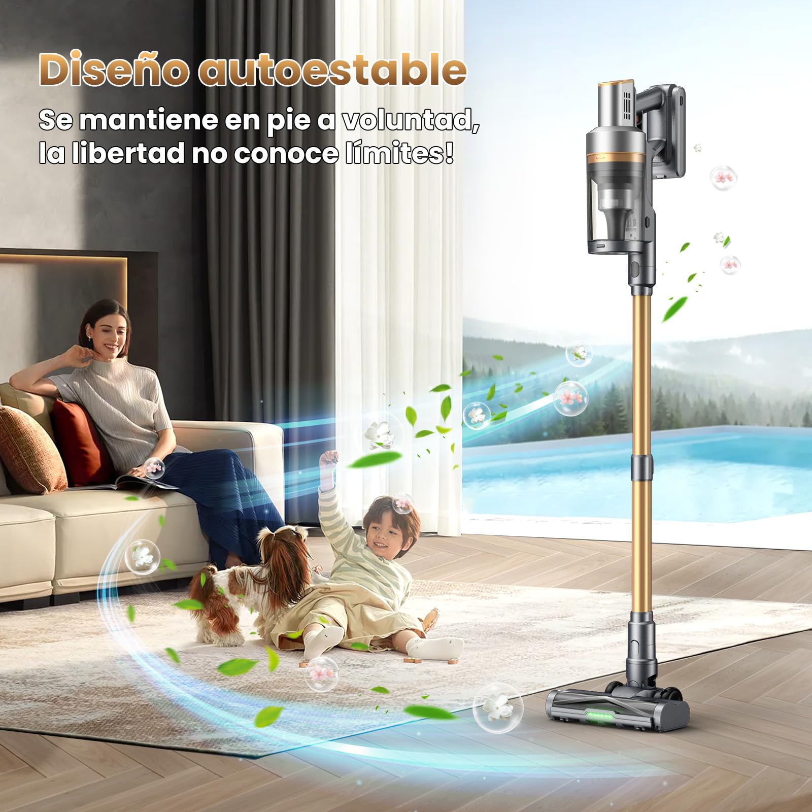Aspiradora Sin Cable 65kPa/650W/75Min, Escoba Aspiradora sin Cable de 1.6L, Sistema de Asistencia Ergonómica, Aspirador Inalámbrico Antienredo, Ideal para Suelos, Alfombras y Pelo de Mascotas