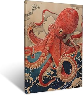 Octopus Canvas Wall Decor Japanese Ocean Wave Framed Art Prints for Man Women Boys Girls Teens,Asian Nautical Pictures Japan Coastal Painting for Home Bathroom Bedroom Living Room 12"x16"